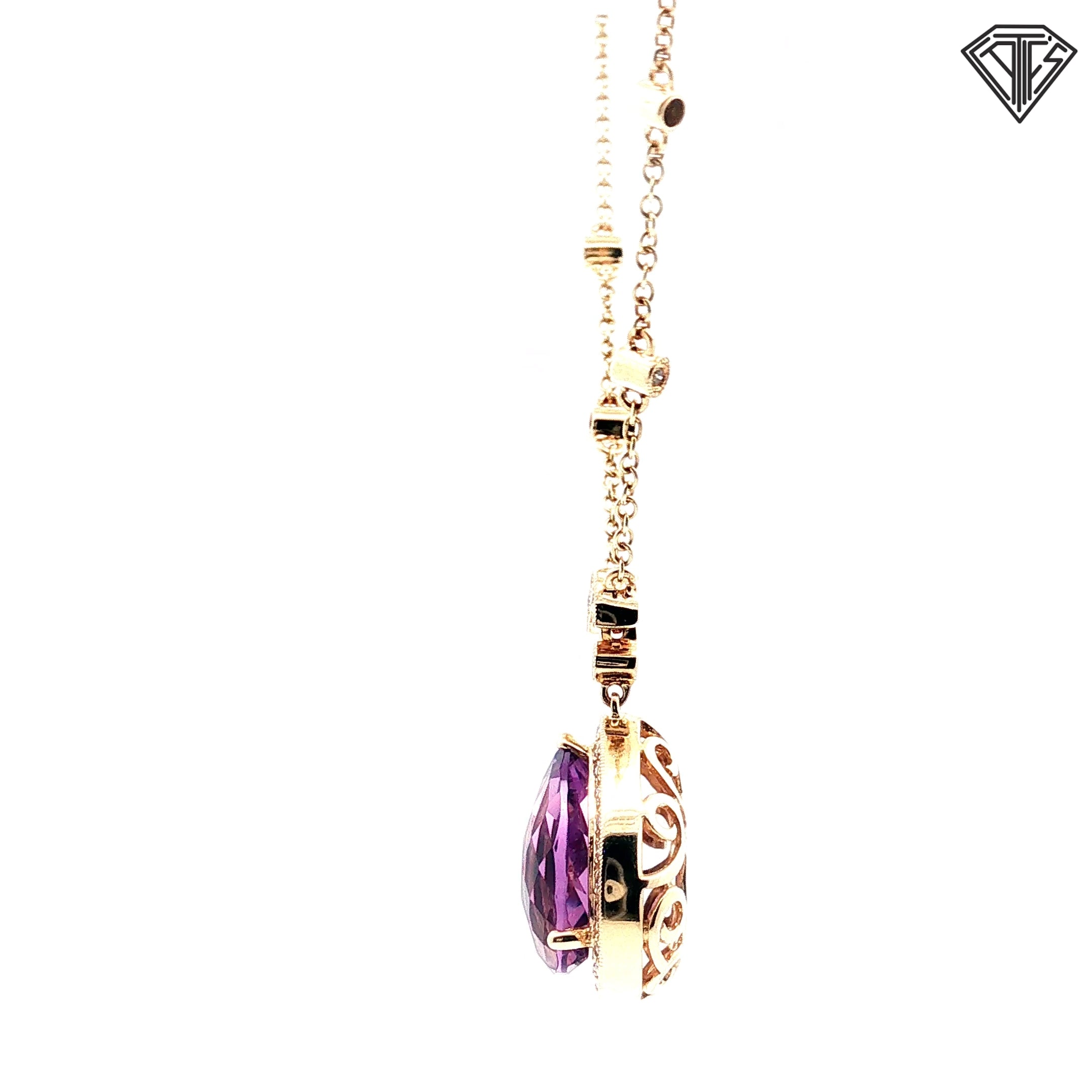 14k Yellow Gold 11.00ct Pear Shape Amethyst / .33ct G SI1 Round Diamond Pendant 18" inch