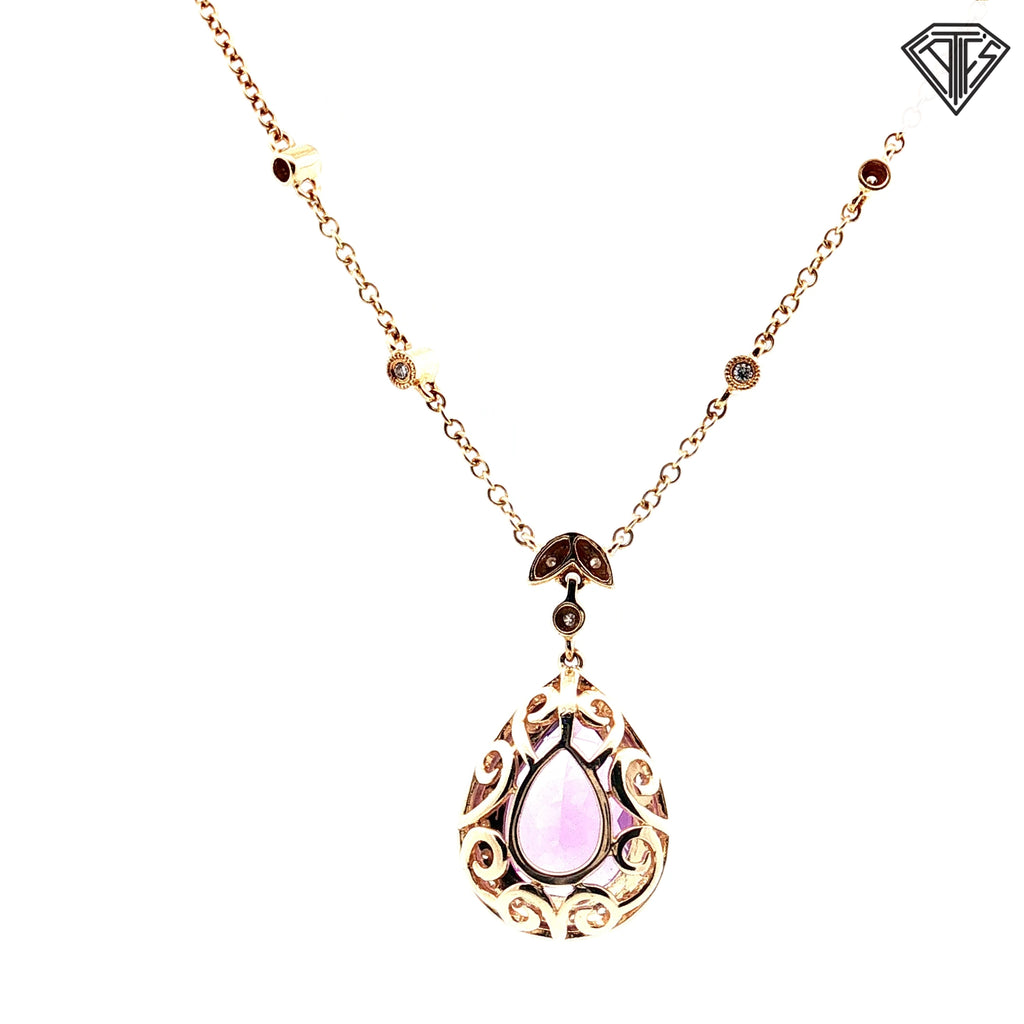 14k Yellow Gold 11.00ct Pear Shape Amethyst / .33ct G SI1 Round Diamond Pendant 18" inch
