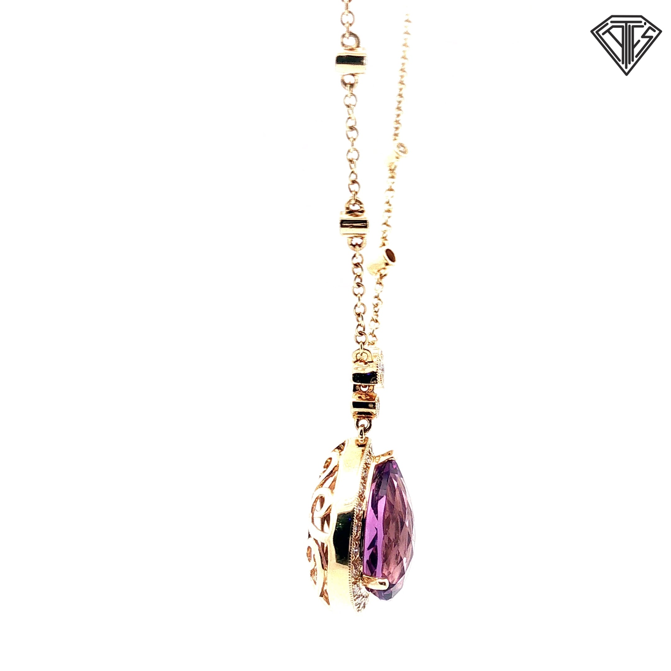 14k Yellow Gold 11.00ct Pear Shape Amethyst / .33ct G SI1 Round Diamond Pendant 18" inch