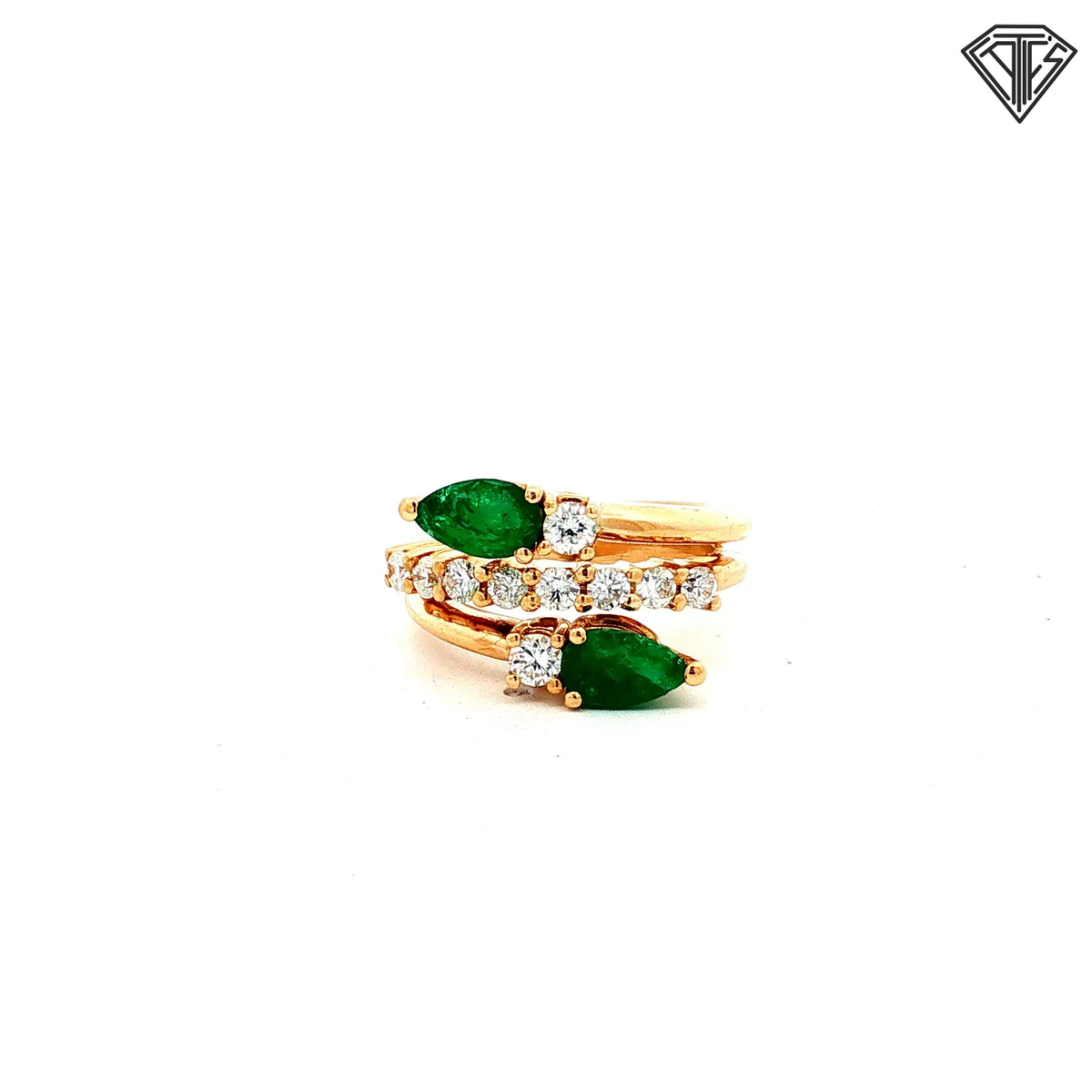 18k Yellow Gold 1.20ct Emerald Pear Shape / .40ct G SI1 Round Diamond Bypass Ring  Size 5.5  6.9 gram