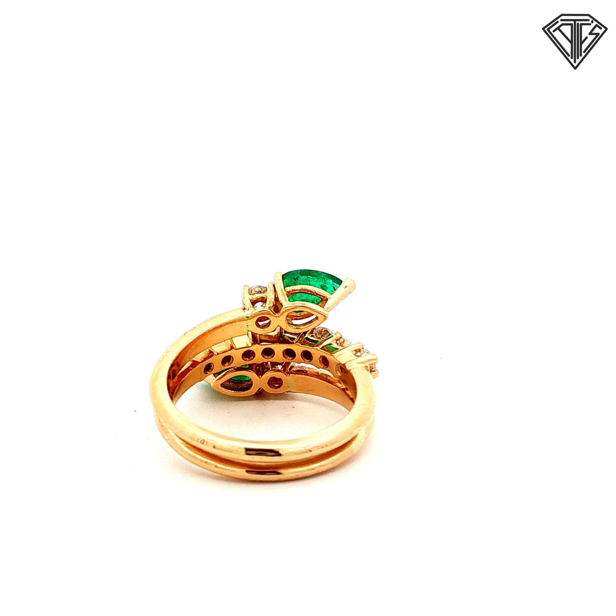 18k Yellow Gold 1.20ct Emerald Pear Shape / .40ct G SI1 Round Diamond Bypass Ring  Size 5.5  6.9 gram