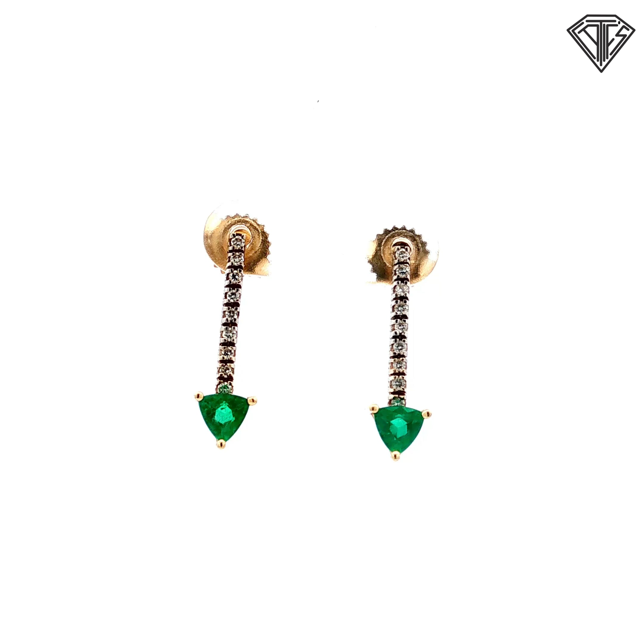 14k Two Tone .90ct Natural Emerald Trillion Cut/ .25ct G SI1 Round Diamond Drop Earrings