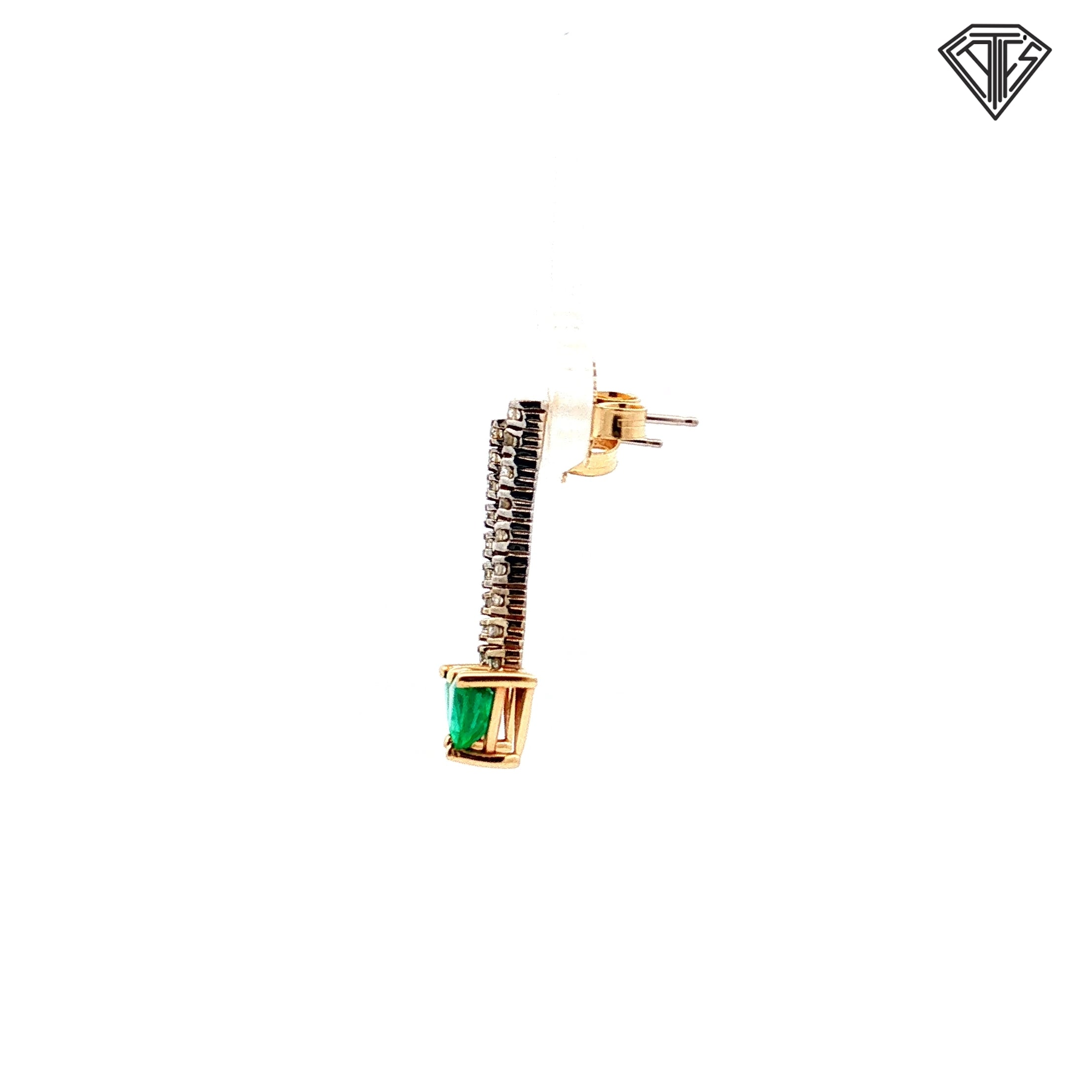 14k Two Tone .90ct Natural Emerald Trillion Cut/ .25ct G SI1 Round Diamond Drop Earrings