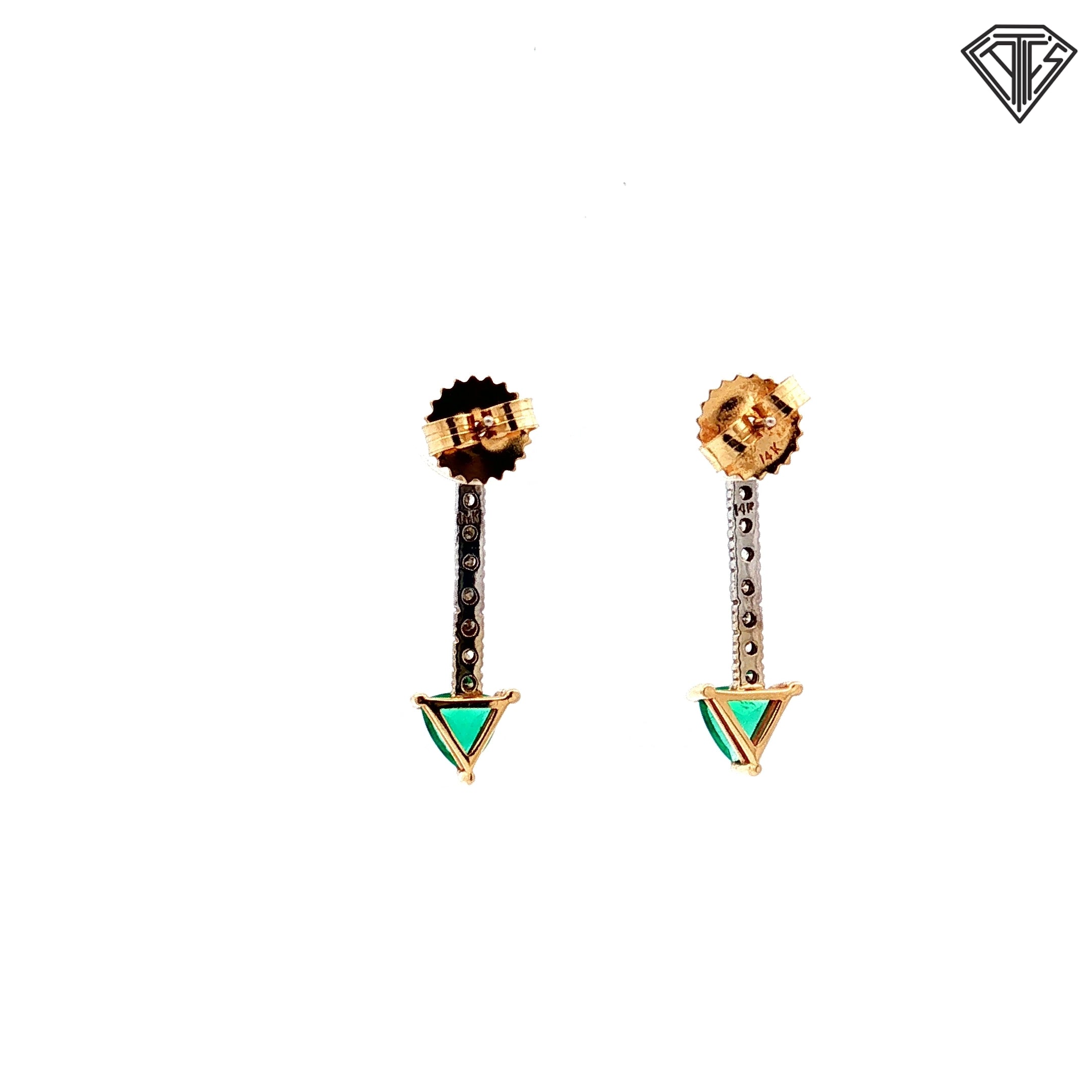 14k Two Tone .90ct Natural Emerald Trillion Cut/ .25ct G SI1 Round Diamond Drop Earrings