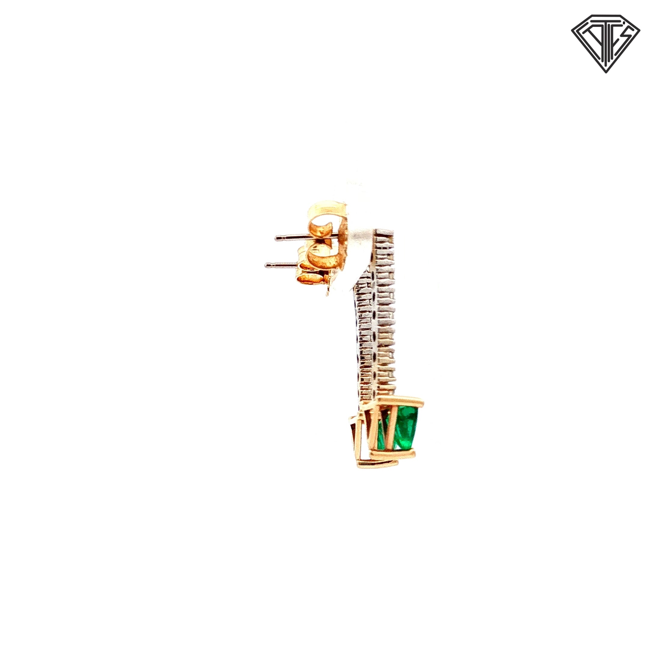 14k Two Tone .90ct Natural Emerald Trillion Cut/ .25ct G SI1 Round Diamond Drop Earrings