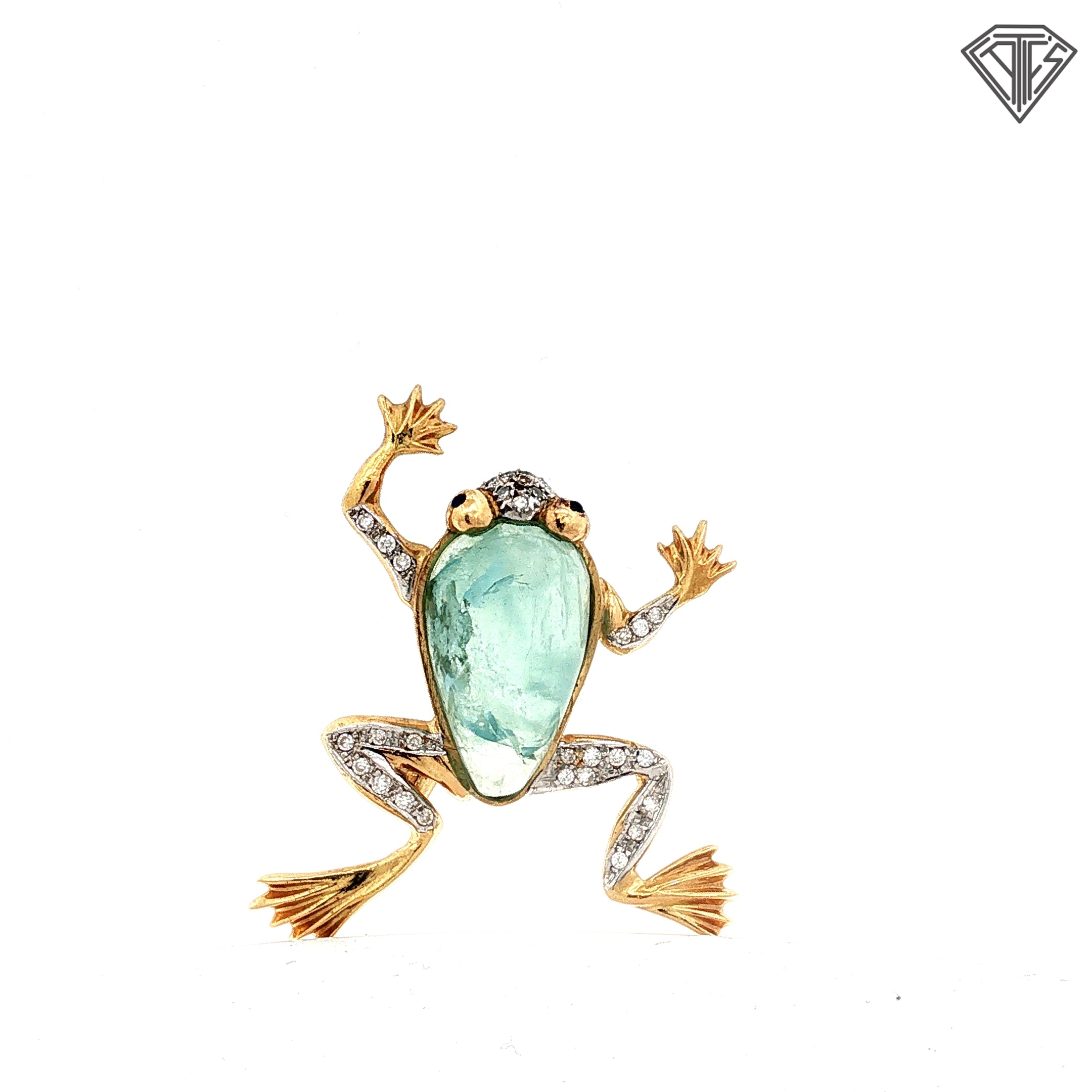 14k Two Tone Aqua Cabochon Pear Shape / Round Blue Sapphire Eyes/ .65ct G SI1  Round Single Cut Diamond Frog Brooch