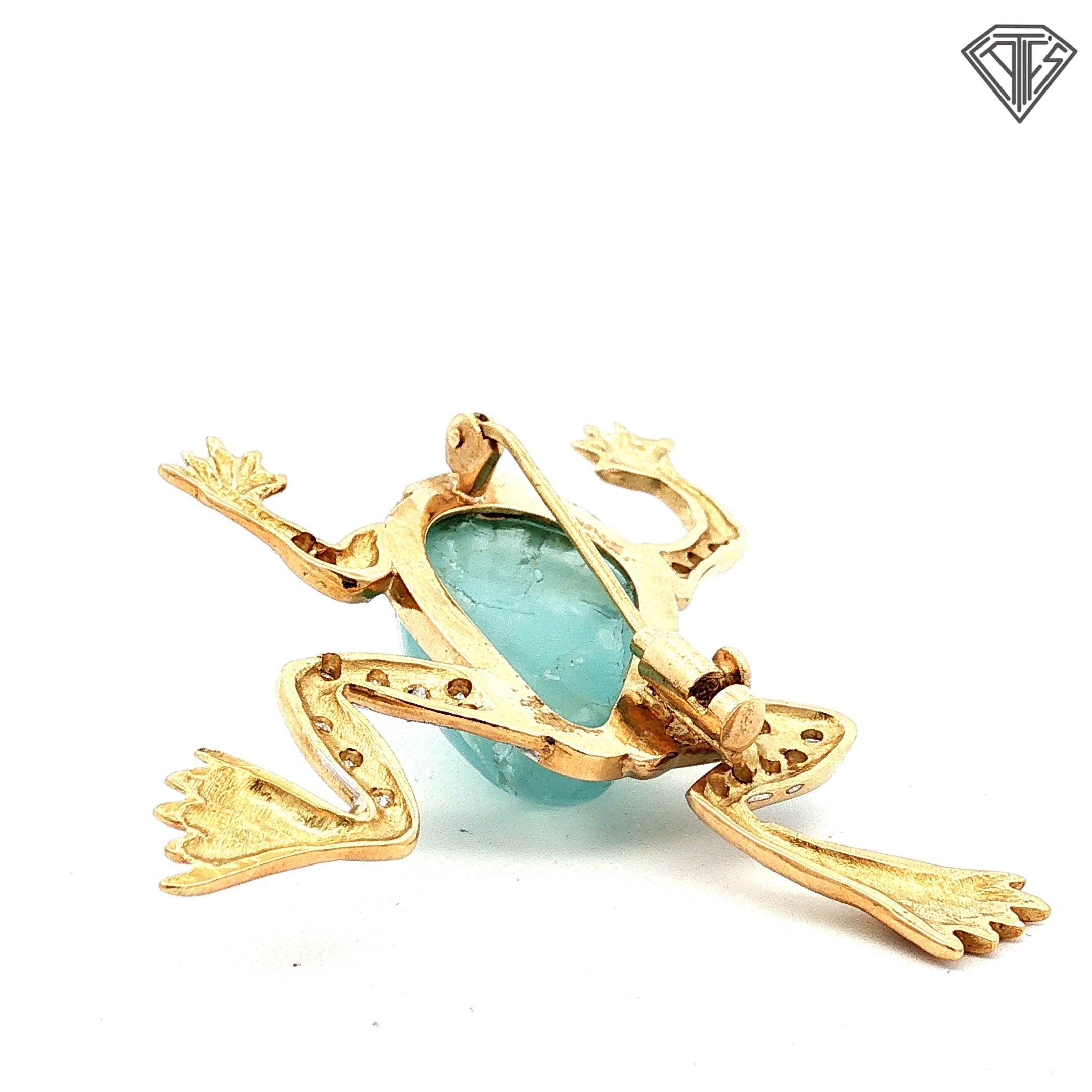 14k Two Tone Aqua Cabochon Pear Shape / Round Blue Sapphire Eyes/ .65ct G SI1  Round Single Cut Diamond Frog Brooch