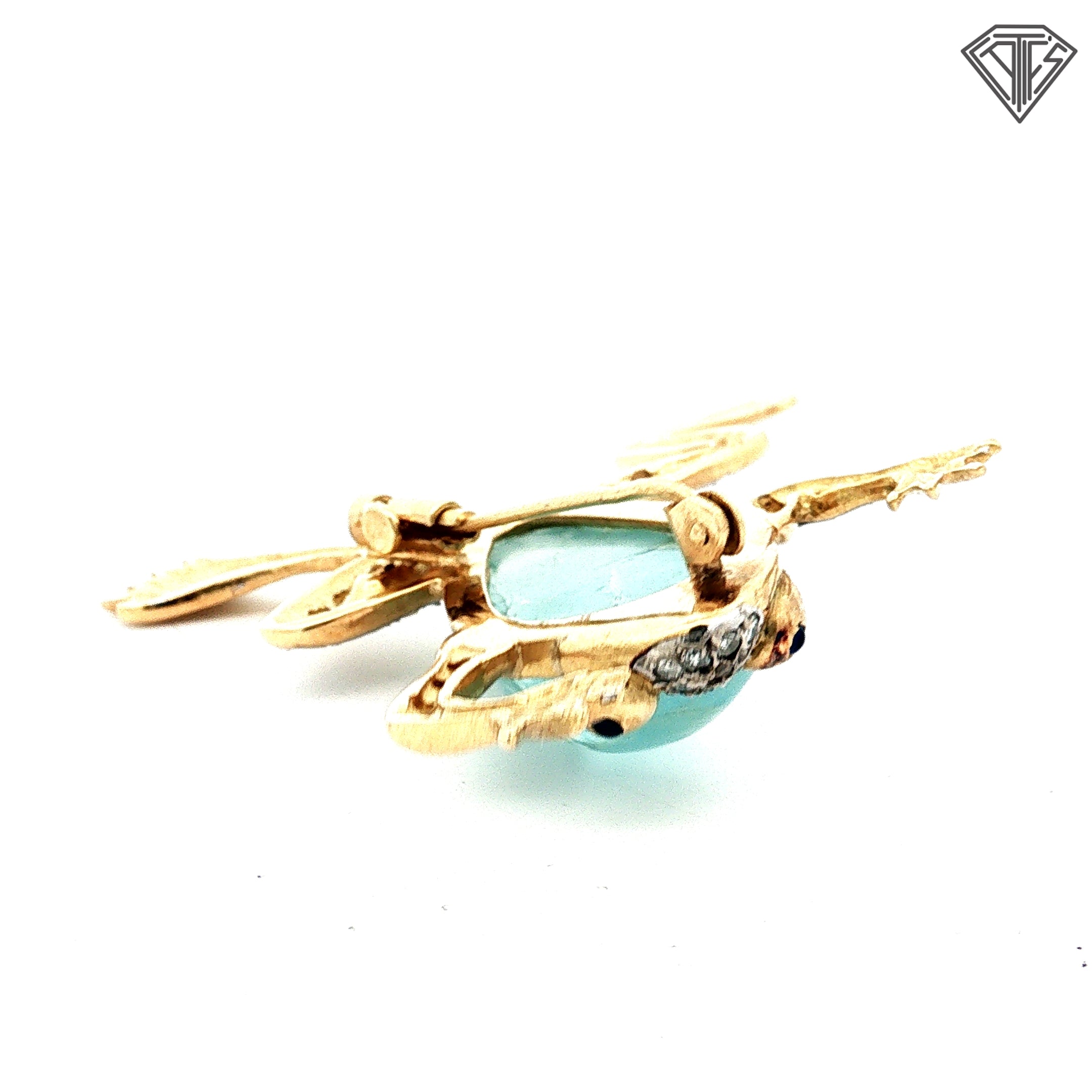 14k Two Tone Aqua Cabochon Pear Shape / Round Blue Sapphire Eyes/ .65ct G SI1  Round Single Cut Diamond Frog Brooch