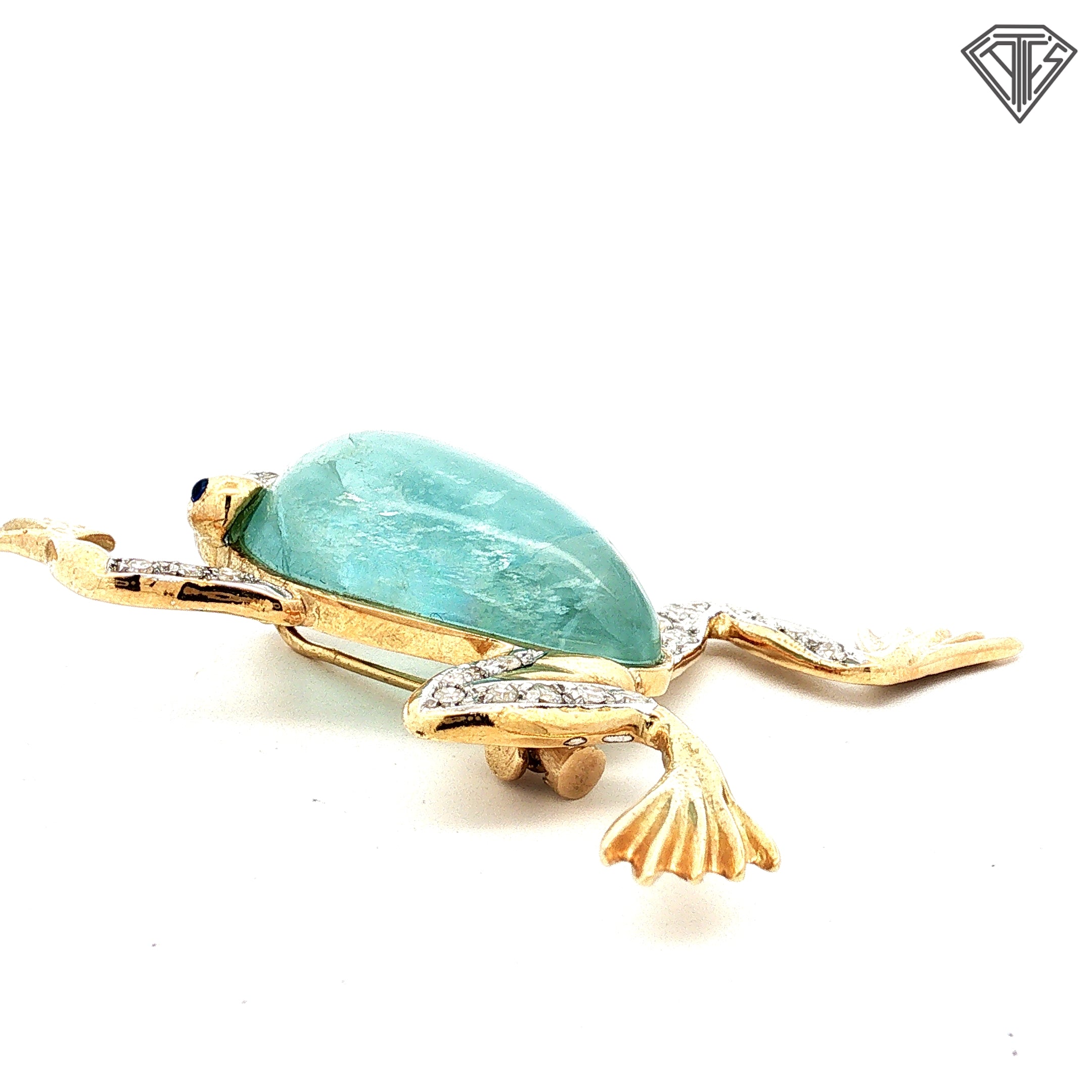 14k Two Tone Aqua Cabochon Pear Shape / Round Blue Sapphire Eyes/ .65ct G SI1  Round Single Cut Diamond Frog Brooch
