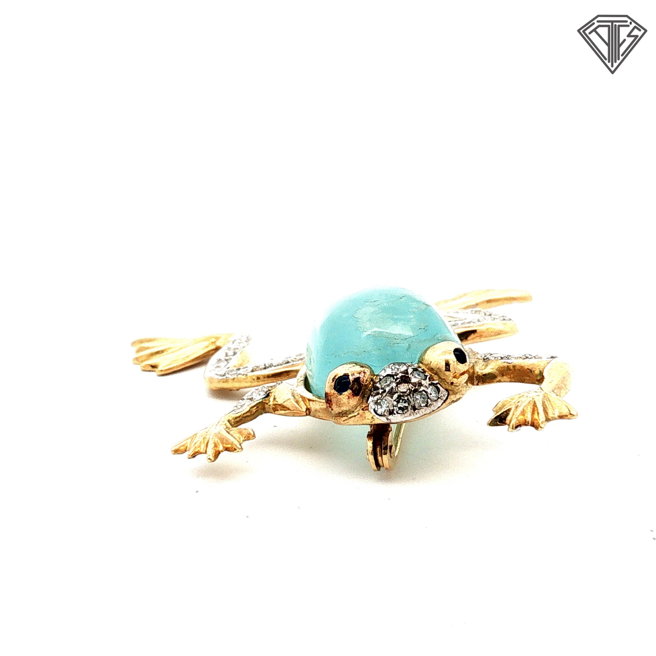 14k Two Tone Aqua Cabochon Pear Shape / Round Blue Sapphire Eyes/ .65ct G SI1  Round Single Cut Diamond Frog Brooch