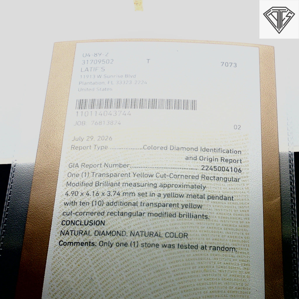 18k Yellow Gold 7.00ct VS2/ SI2 Cut-Cornered Rectangular Natural Yellow Diamond Cross Certified By GIA# 2245004106