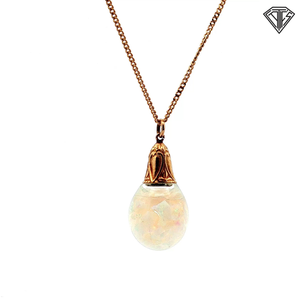 14k Yellow Gold White Opal Cabochon Pendant/ Textured Gold-Tone Accent with Mico Cuban Link Necklace 16"inch