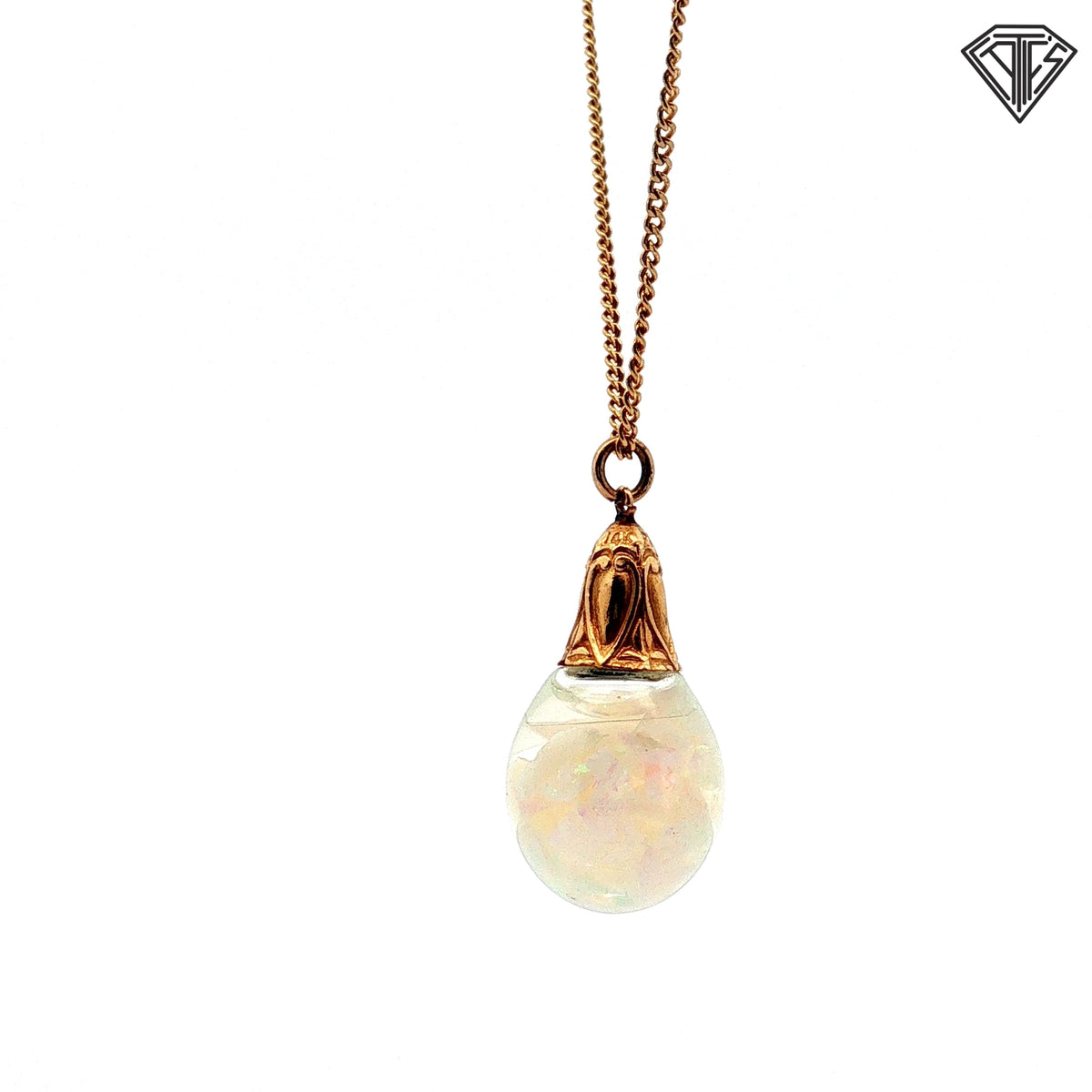 14k Yellow Gold White Opal Cabochon Pendant/ Textured Gold-Tone Accent with Mico Cuban Link Necklace 16"inch