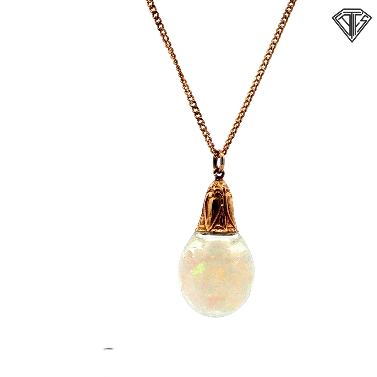 14k Yellow Gold White Opal Cabochon Pendant/ Textured Gold-Tone Accent with Mico Cuban Link Necklace 16"inch
