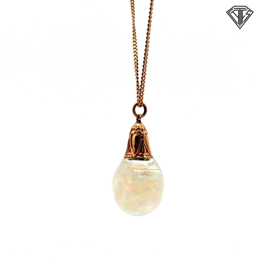 14k Yellow Gold White Opal Cabochon Pendant/ Textured Gold-Tone Accent with Mico Cuban Link Necklace 16"inch