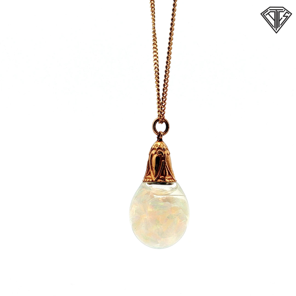 14k Yellow Gold White Opal Cabochon Pendant/ Textured Gold-Tone Accent with Mico Cuban Link Necklace 16"inch