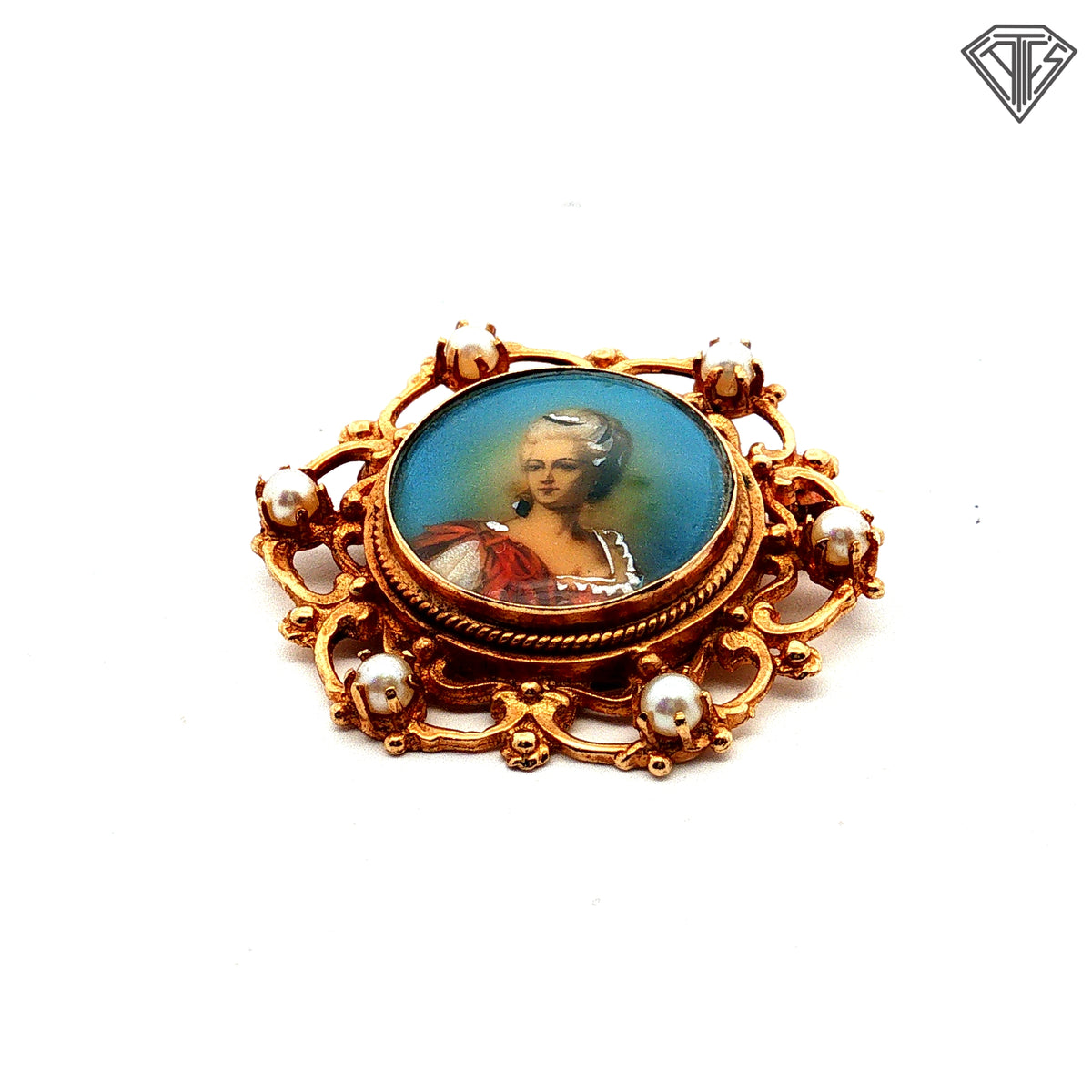 14k Yellow Gold Seed Pearls Vintage Victorian Era Painted Portrait Brooch