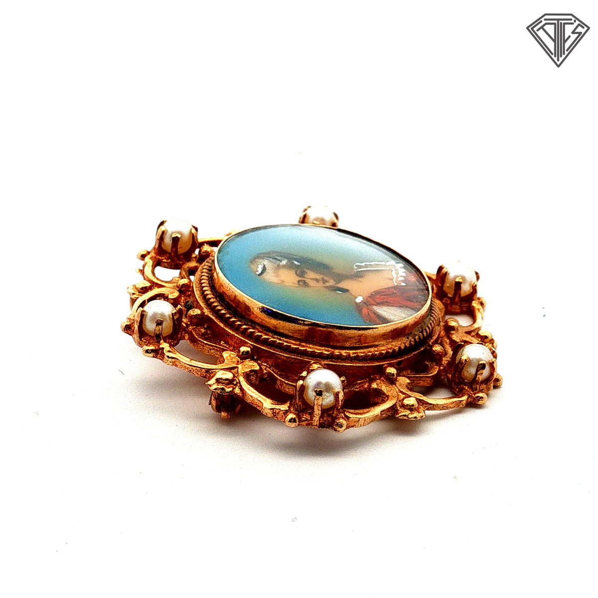 14k Yellow Gold Seed Pearls Vintage Victorian Era Painted Portrait Brooch