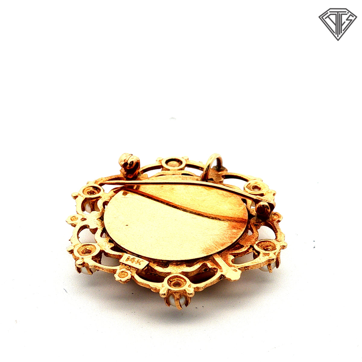 14k Yellow Gold Seed Pearls Vintage Victorian Era Painted Portrait Brooch
