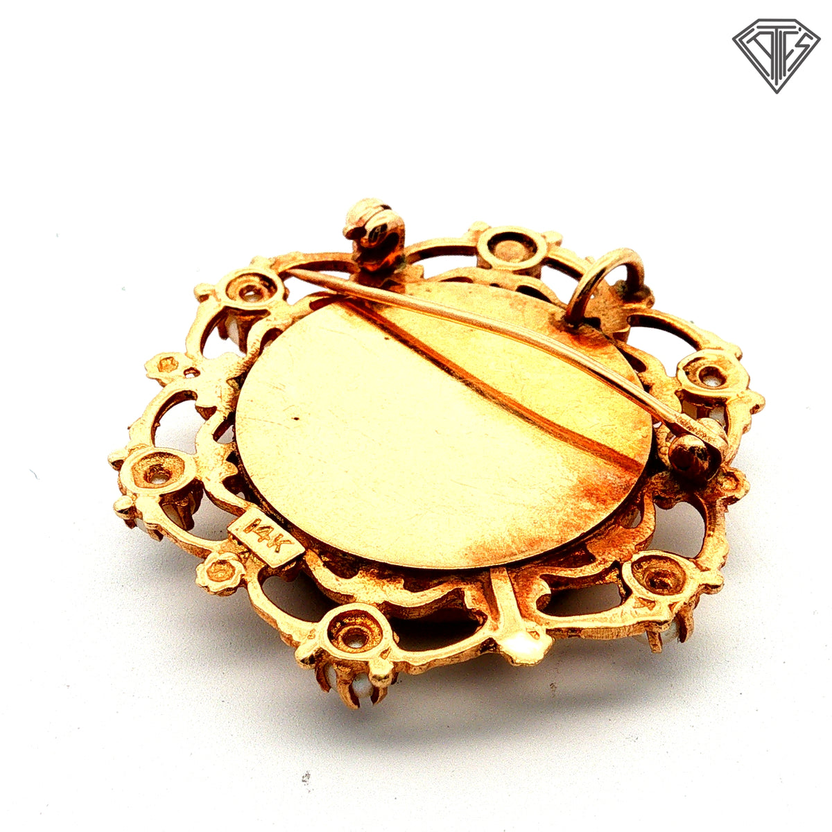 14k Yellow Gold Seed Pearls Vintage Victorian Era Painted Portrait Brooch