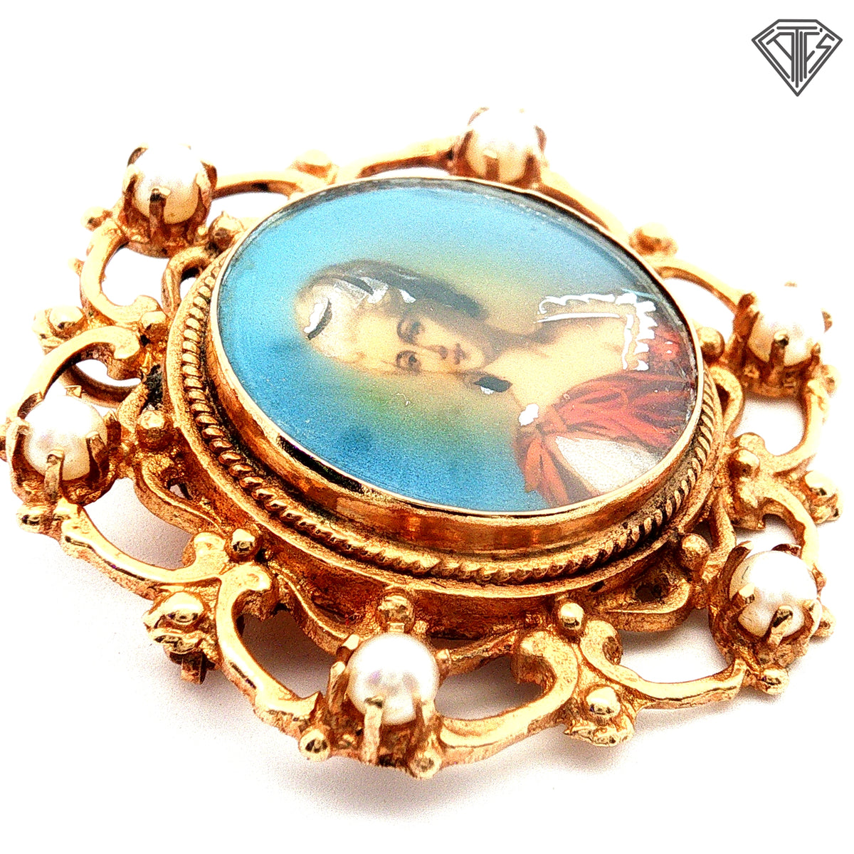 14k Yellow Gold Seed Pearls Vintage Victorian Era Painted Portrait Brooch