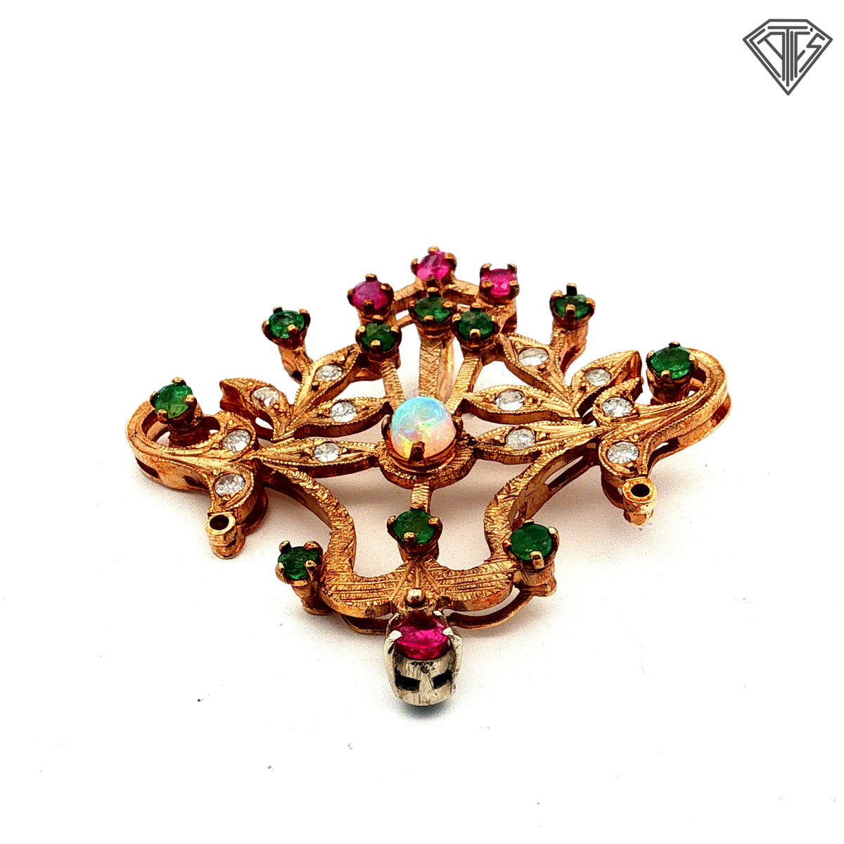 14k Yellow Gold .40ct Round Opal / .30ct Round Emerald/ .20ct Round Ruby/ .25ct G SI2 Round Single Cut Diamond  Antique Floral Brooch/ Pin