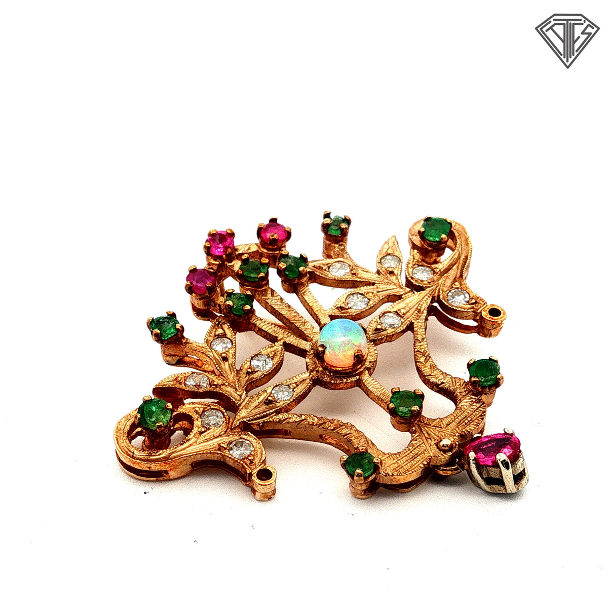 14k Yellow Gold .40ct Round Opal / .30ct Round Emerald/ .20ct Round Ruby/ .25ct G SI2 Round Single Cut Diamond  Antique Floral Brooch/ Pin