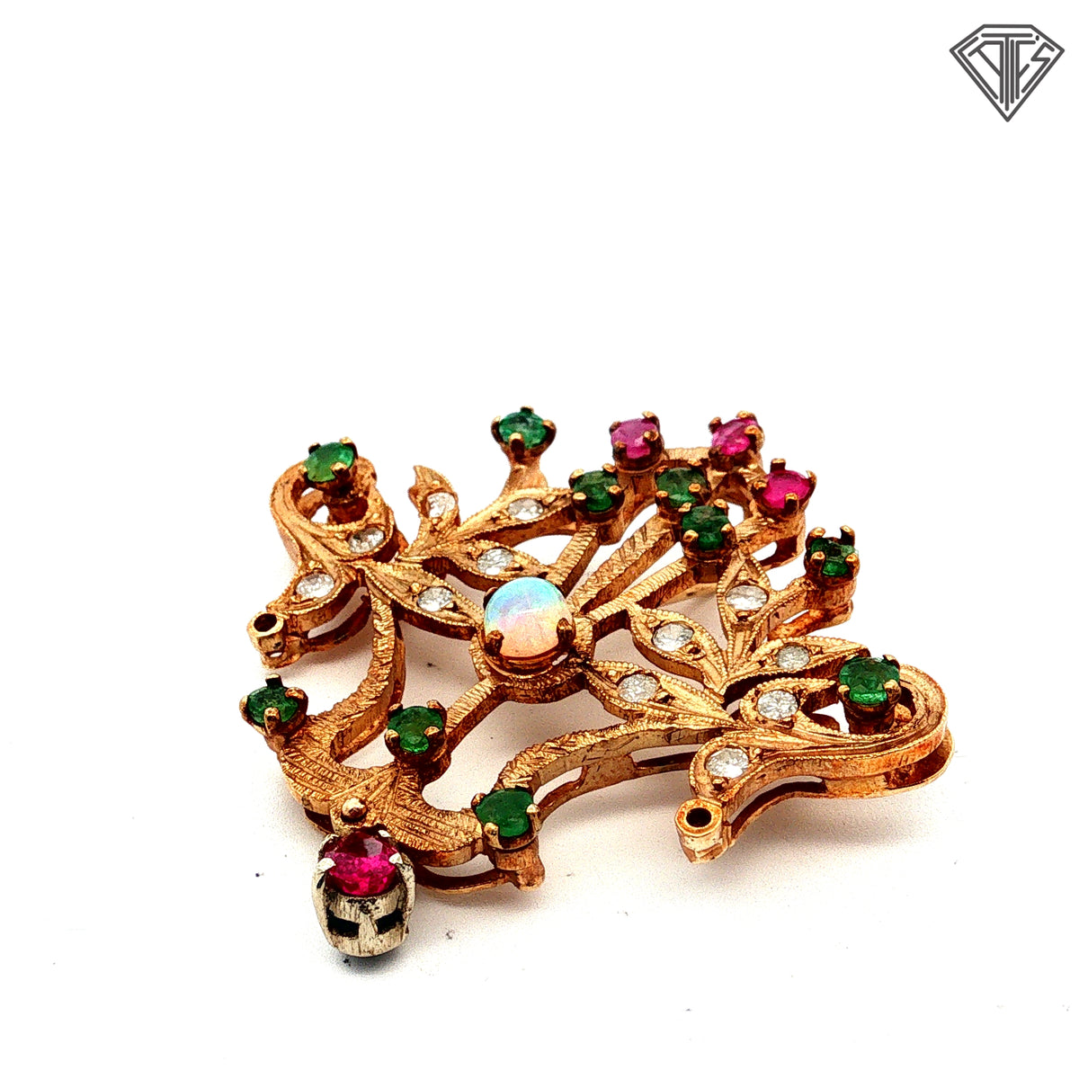14k Yellow Gold .40ct Round Opal / .30ct Round Emerald/ .20ct Round Ruby/ .25ct G SI2 Round Single Cut Diamond  Antique Floral Brooch/ Pin