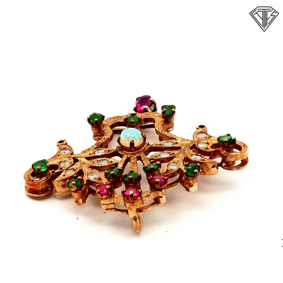 14k Yellow Gold .40ct Round Opal / .30ct Round Emerald/ .20ct Round Ruby/ .25ct G SI2 Round Single Cut Diamond  Antique Floral Brooch/ Pin