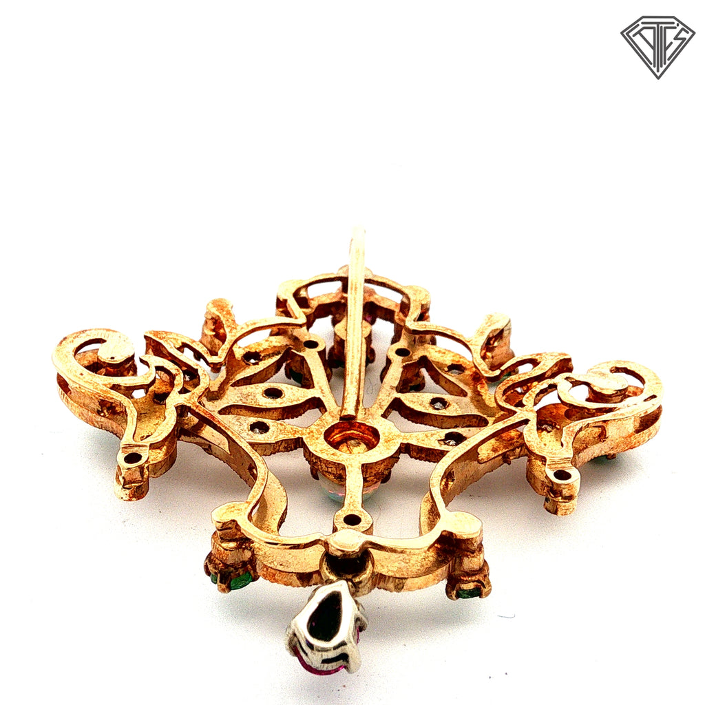 14k Yellow Gold .40ct Round Opal / .30ct Round Emerald/ .20ct Round Ruby/ .25ct G SI2 Round Single Cut Diamond  Antique Floral Brooch/ Pin