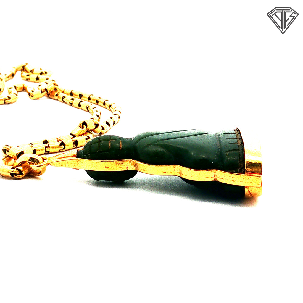 24k Yellow Gold Cylinder (Barrel) Link Satin Finish Necklace 29.9 gram 26"inch with Carved Dark Jade Buddha Pendant 20.6 gram