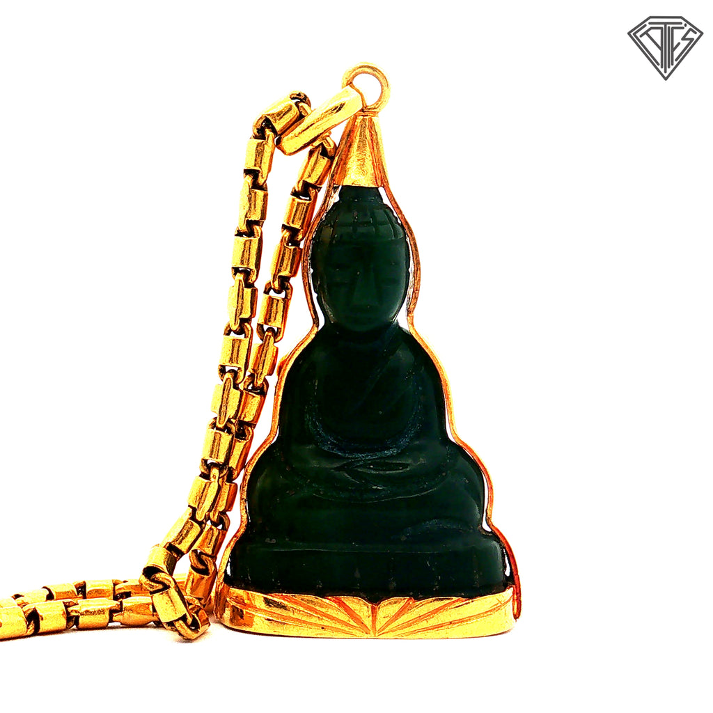 24k Yellow Gold Cylinder (Barrel) Link Satin Finish Necklace 29.9 gram 26"inch with Carved Dark Jade Buddha Pendant 20.6 gram