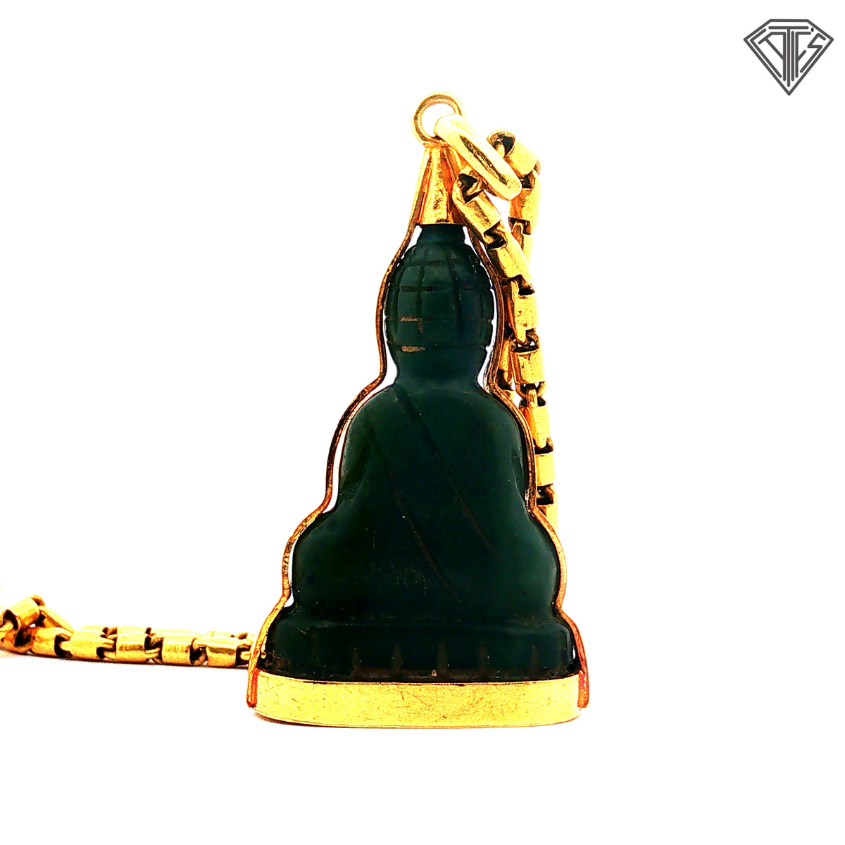 24k Yellow Gold Cylinder (Barrel) Link Satin Finish Necklace 29.9 gram 26"inch with Carved Dark Jade Buddha Pendant 20.6 gram