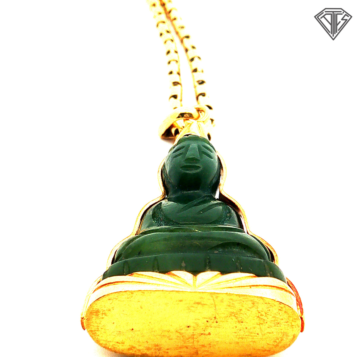 24k Yellow Gold Cylinder (Barrel) Link Satin Finish Necklace 29.9 gram 26"inch with Carved Dark Jade Buddha Pendant 20.6 gram