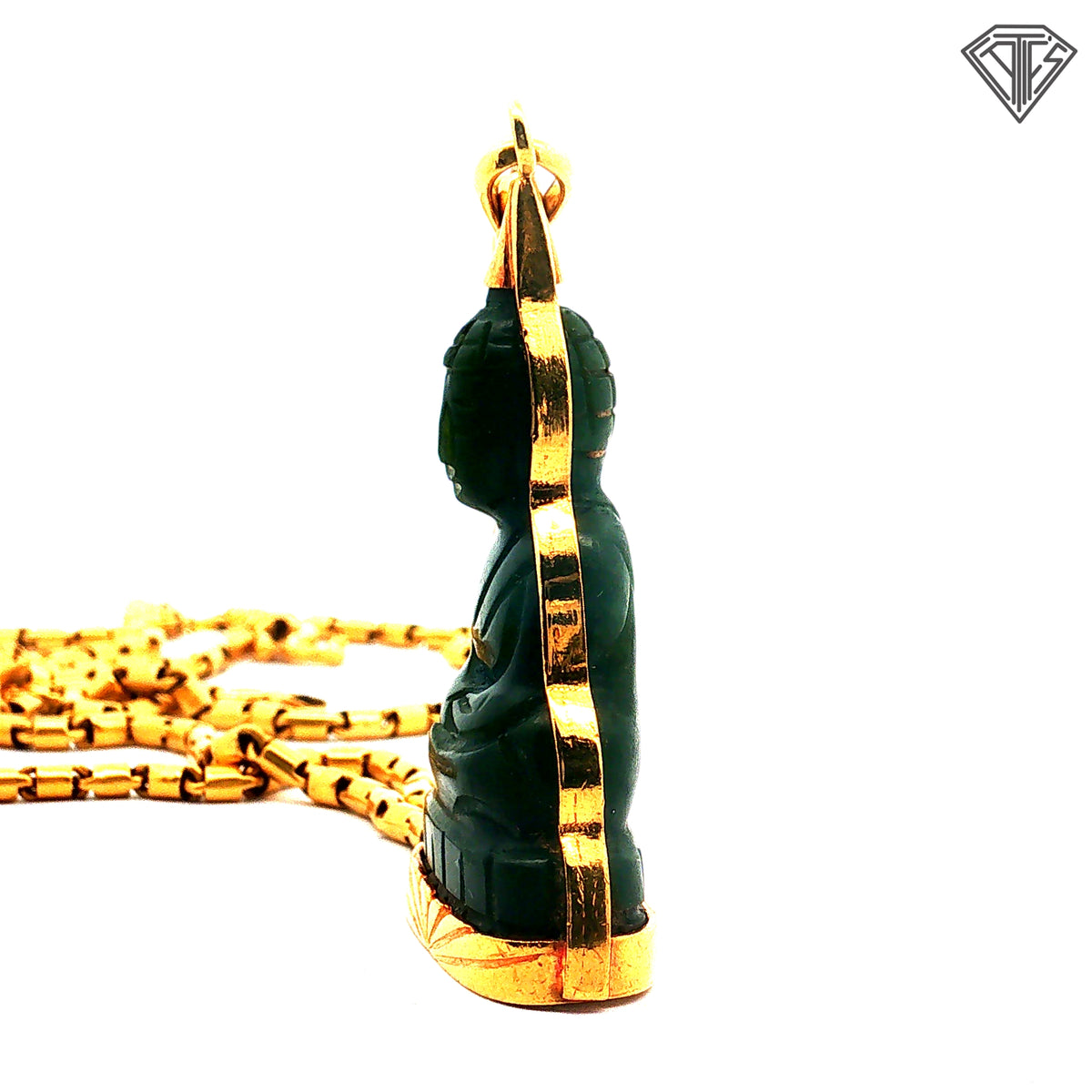 24k Yellow Gold Cylinder (Barrel) Link Satin Finish Necklace 29.9 gram 26"inch with Carved Dark Jade Buddha Pendant 20.6 gram