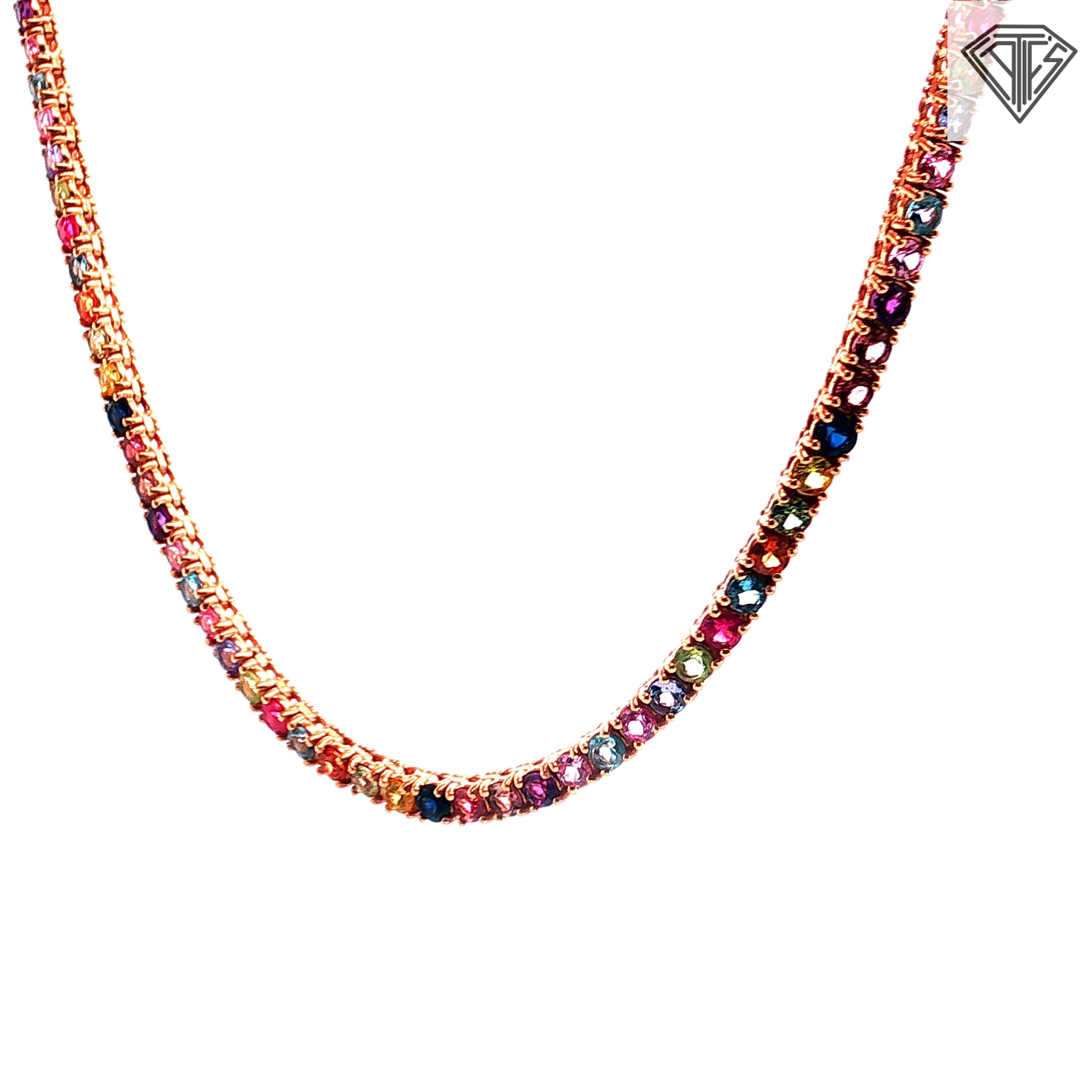 14k Rose Gold 10.00ct Multi Colored Round Tourmaline Tennis Necklace 16"inch