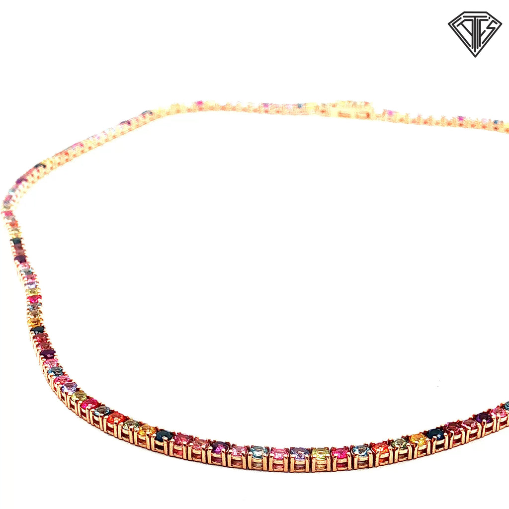 14k Rose Gold 10.00ct Multi Colored Round Tourmaline Tennis Necklace 16"inch