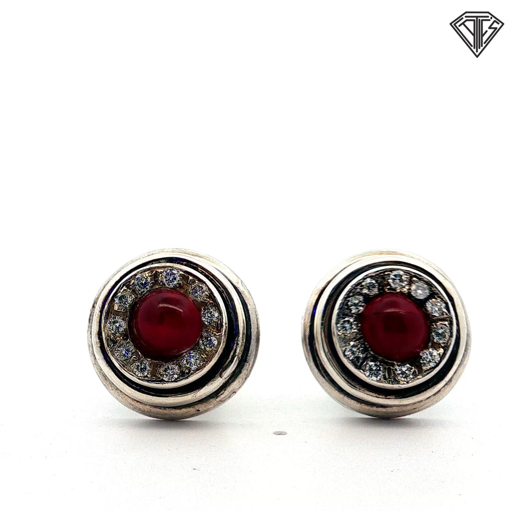 Sterling Silver 2.50ct Round Cabochon Ruby / .65ct G SI1 Round Diamond Men Cufflinks