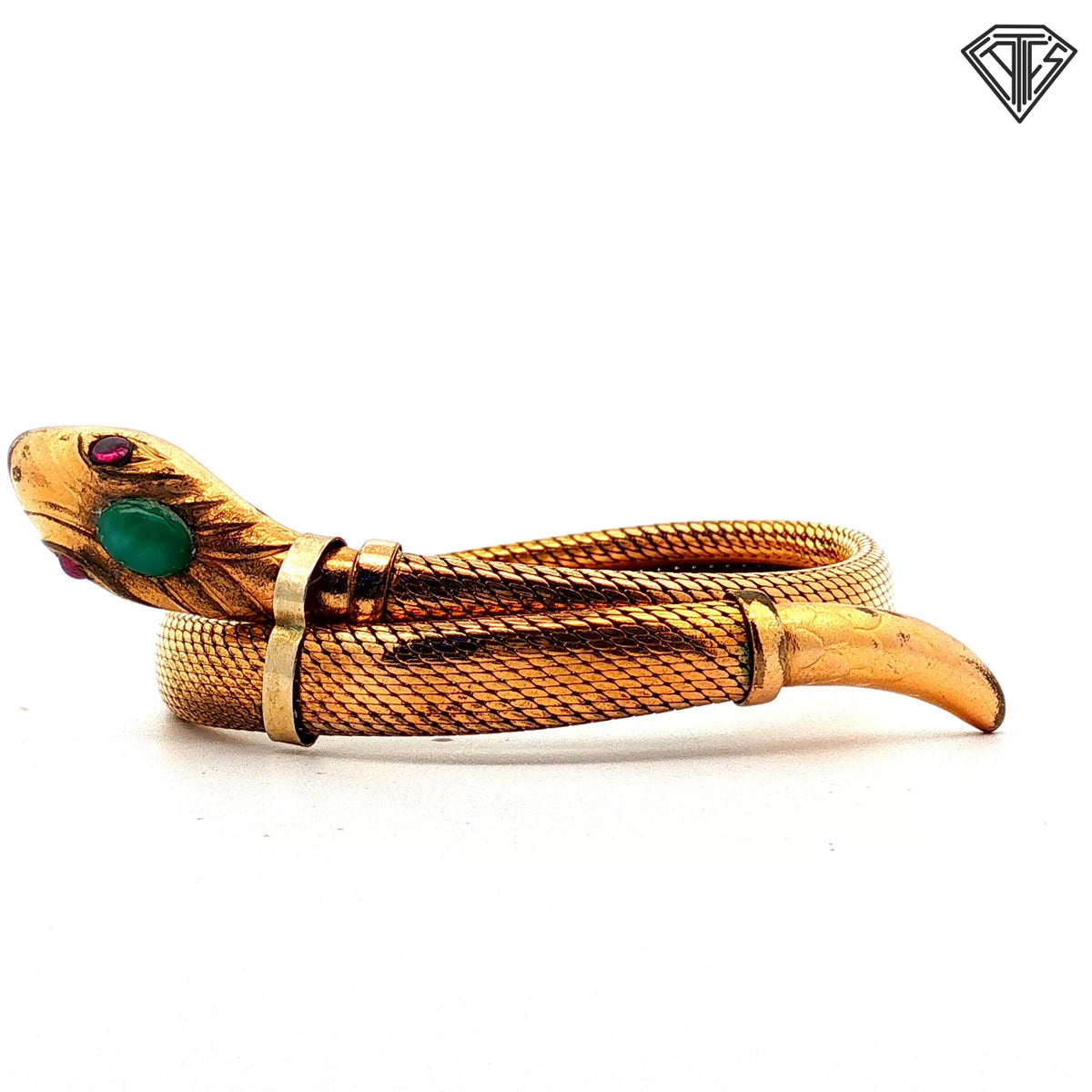 Gold Filled Mesh Snake Cuff Bracelet with Jade Oval Shape on the Head / Round Ruby on the Eyes