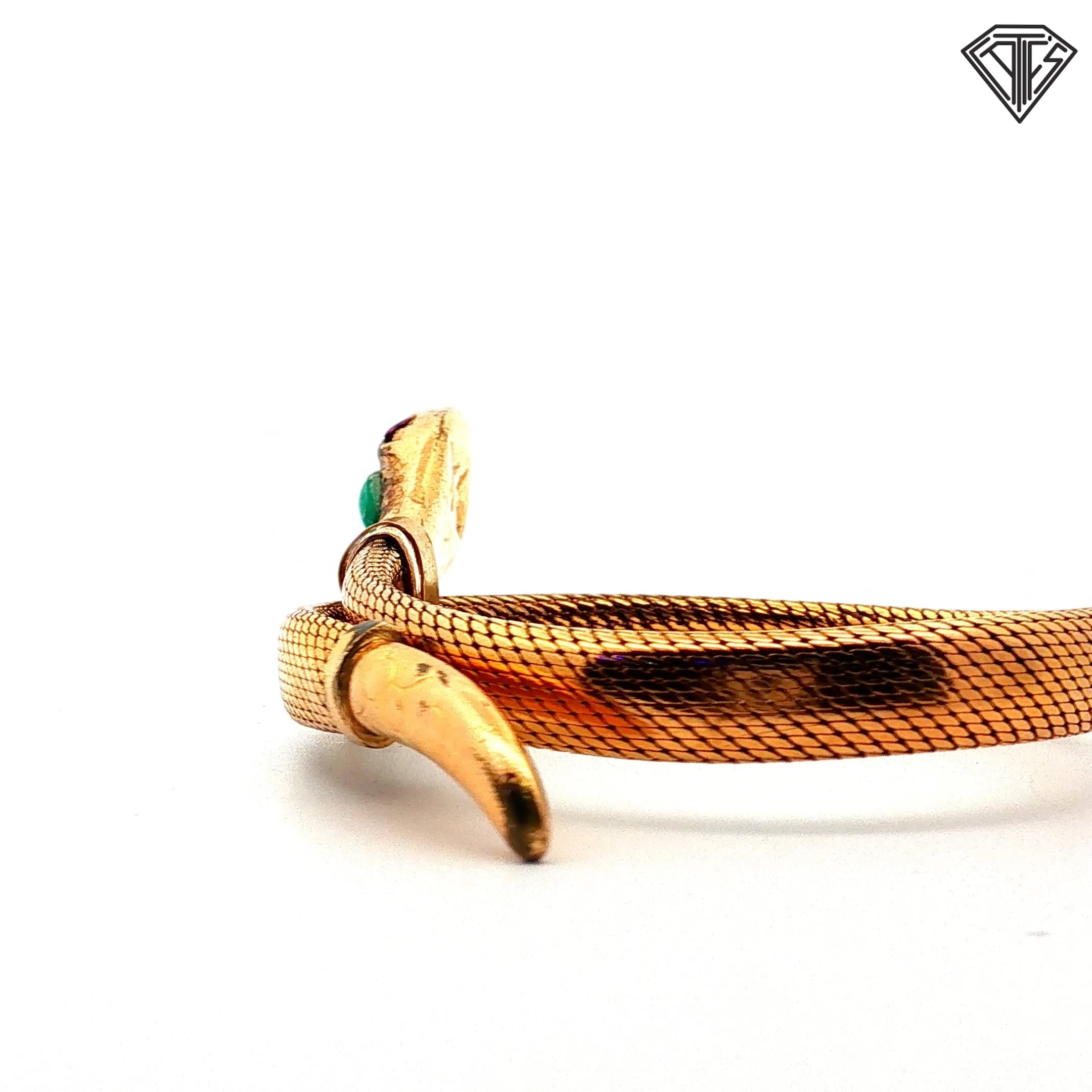 Gold Filled Mesh Snake Cuff Bracelet with Jade Oval Shape on the Head / Round Ruby on the Eyes