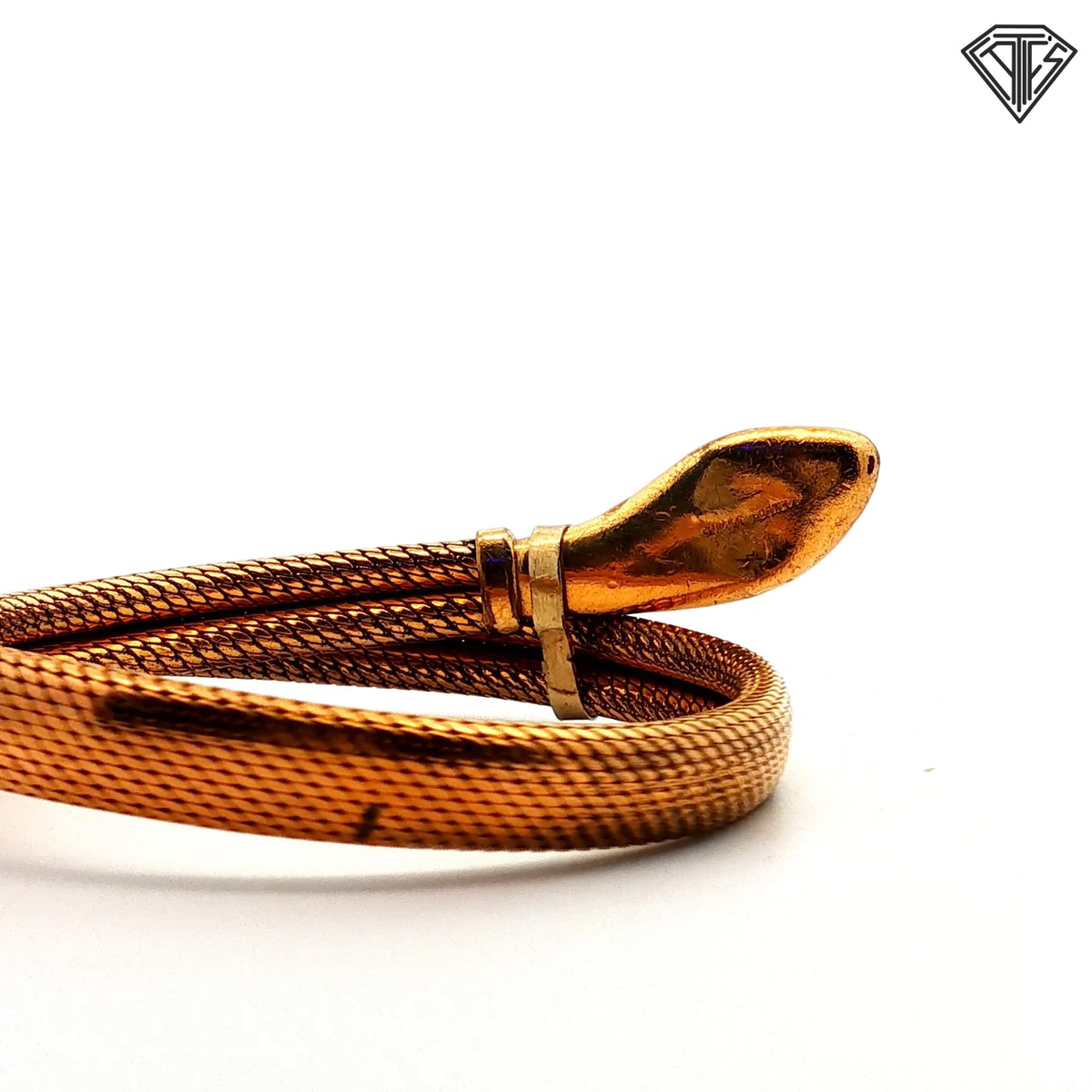 Gold Filled Mesh Snake Cuff Bracelet with Jade Oval Shape on the Head / Round Ruby on the Eyes