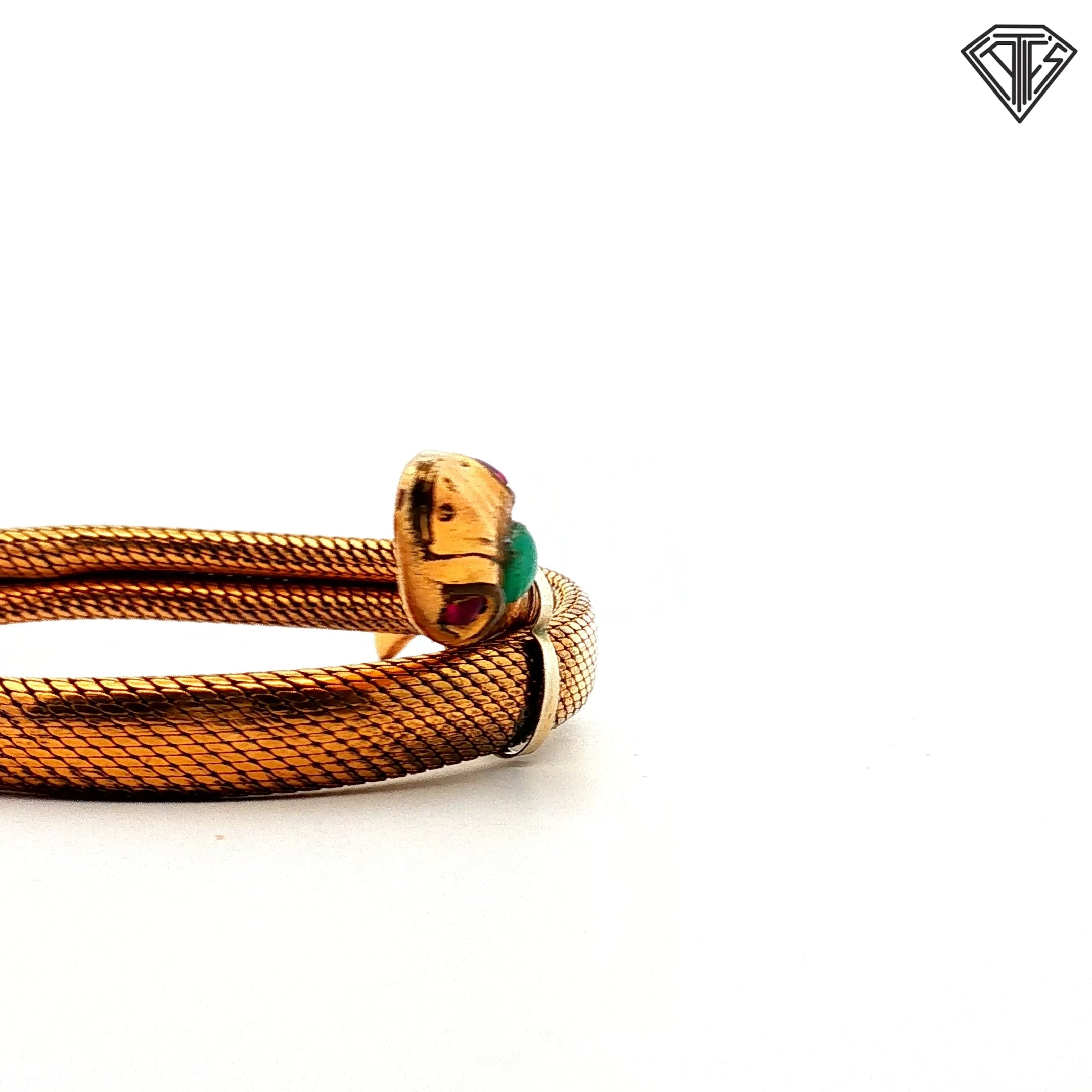 Gold Filled Mesh Snake Cuff Bracelet with Jade Oval Shape on the Head / Round Ruby on the Eyes