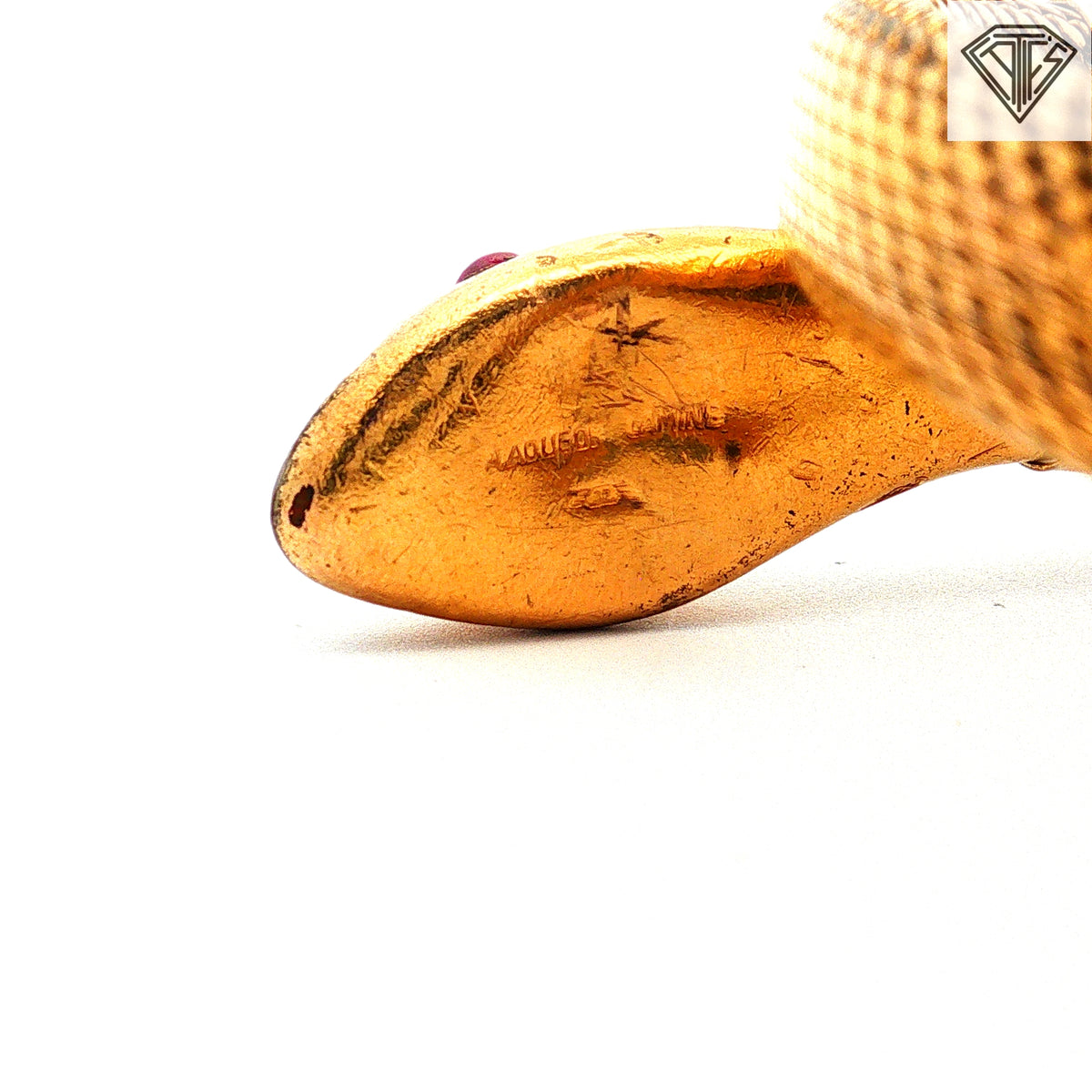 Gold Filled Mesh Snake Cuff Bracelet with Jade Oval Shape on the Head / Round Ruby on the Eyes