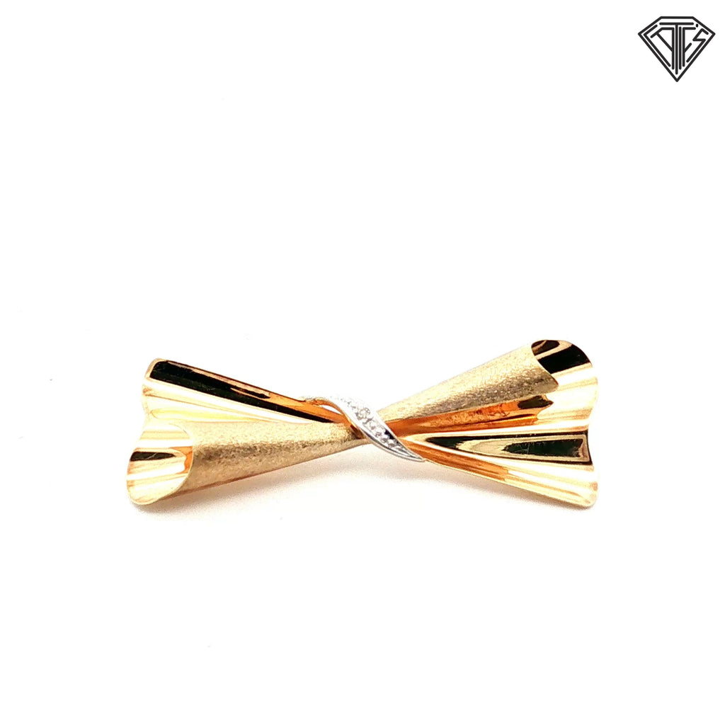 14k Yellow Gold .03ct G SI2 Round Diamond Folded Ribbon Brooch/Pin Vintage Franz Breuning