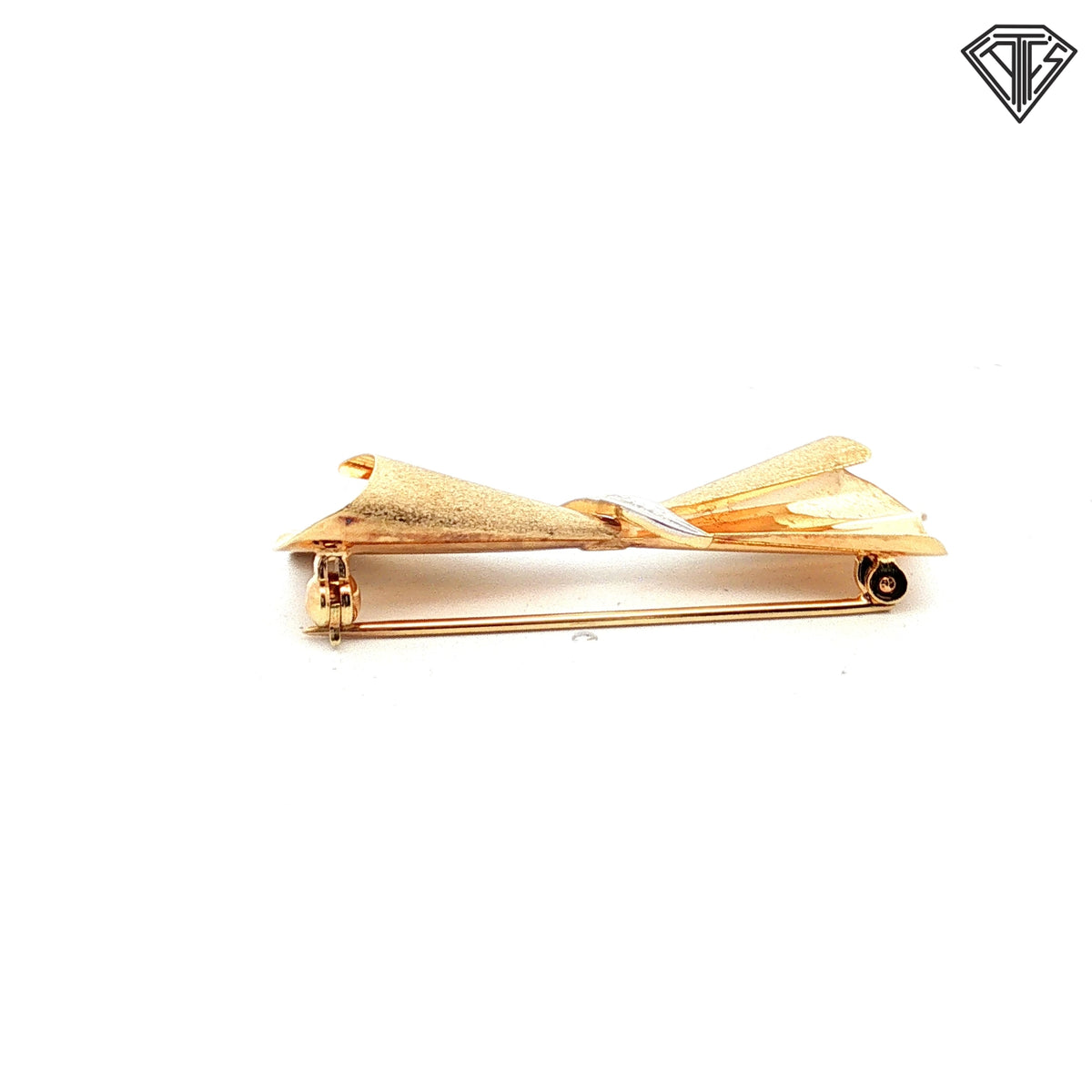 14k Yellow Gold .03ct G SI2 Round Diamond Folded Ribbon Brooch/Pin Vintage Franz Breuning