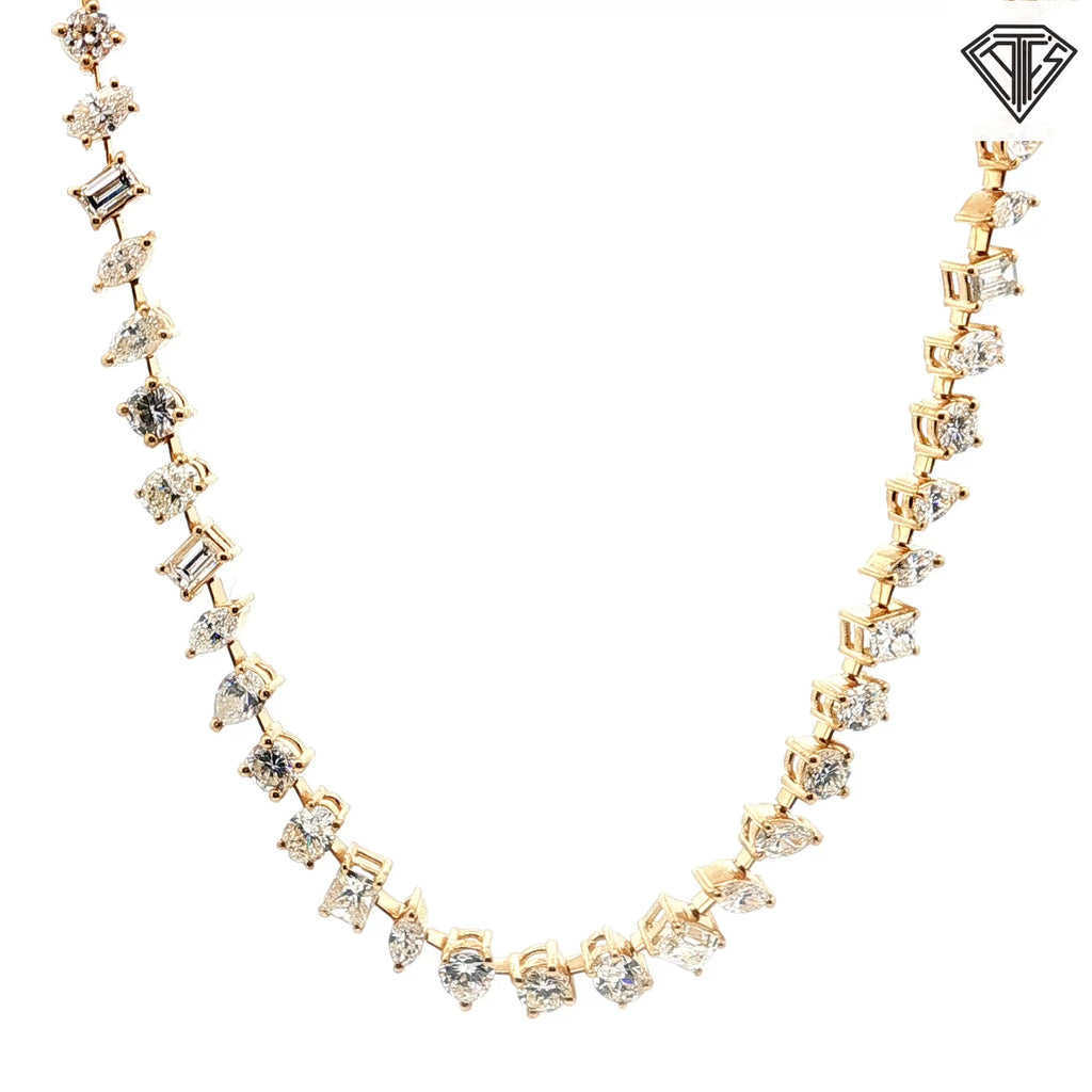 14k Yellow Gold 6.60ct G/H VS2/SI1 Pear, Emerald, Round , Princess Cut, Oval and Marquise Half Tennis and Half Necklace  18"inch