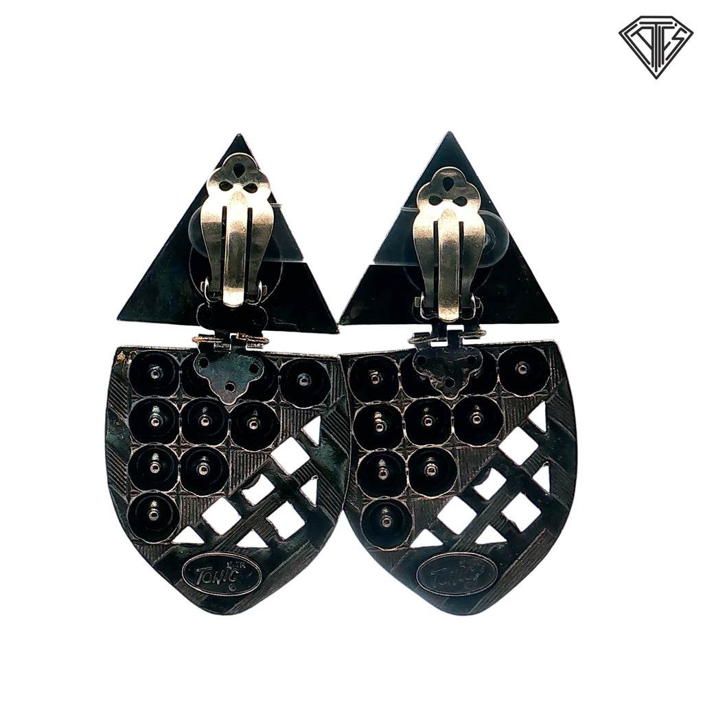 Pre-Loved Oversized Gun Metal Round Rhinestone Clip-On Earrings