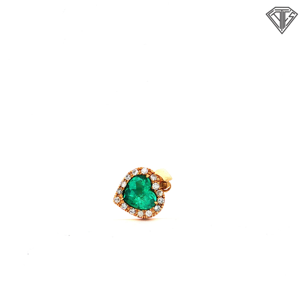 18k Yellow Gold  3.25ct Columbian Emerald Heart Shaped /.40ct Round Single Cut Diamond Heart Pendant