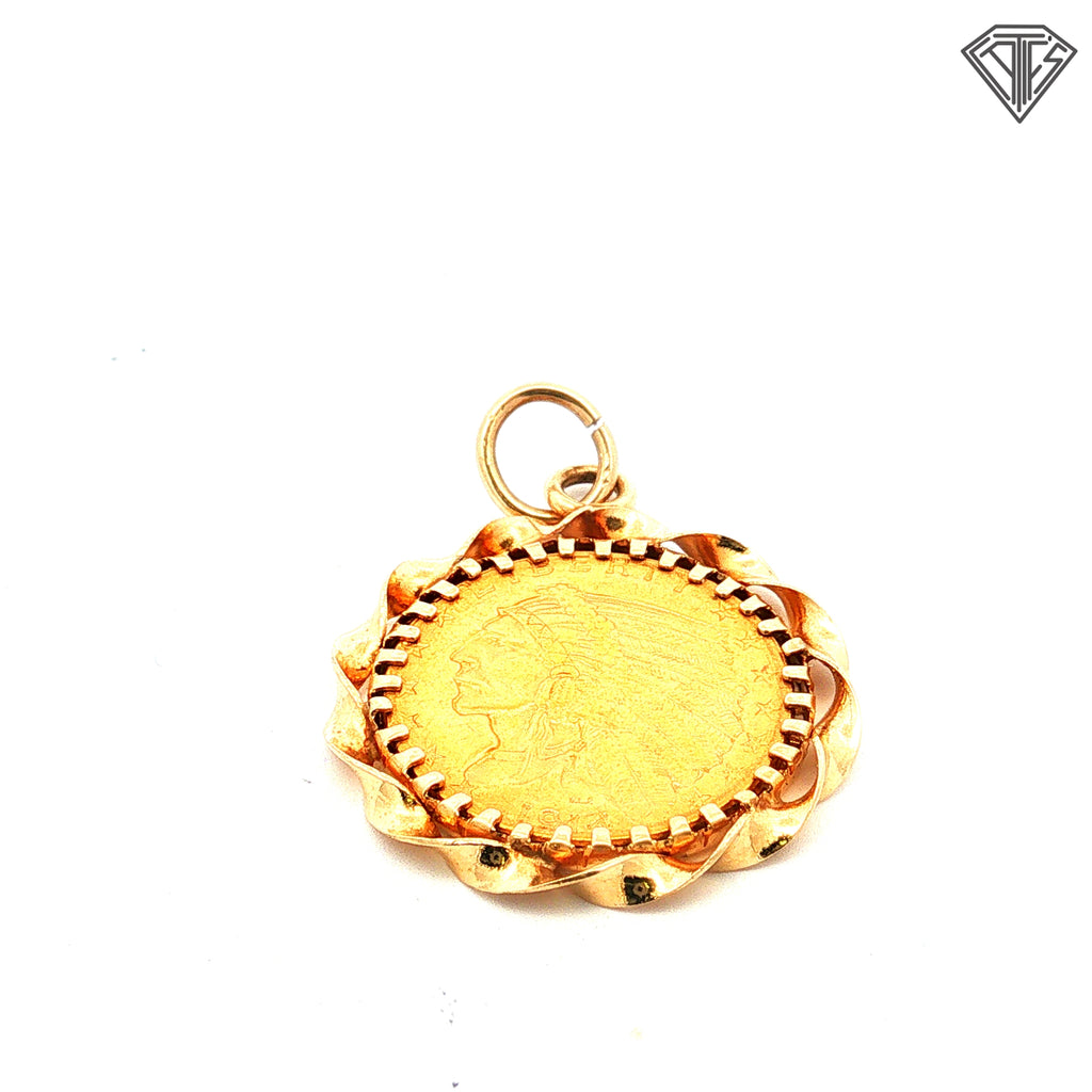 14k Yellow Gold 1914 $2.50 Indian Head Gold Coin in Ornate Set in Bezel Mounting Pendant
