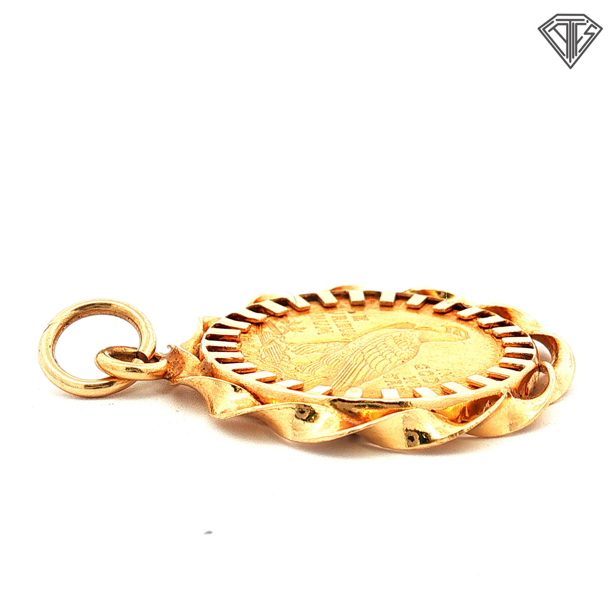 14k Yellow Gold 1914 $2.50 Indian Head Gold Coin in Ornate Set in Bezel Mounting Pendant